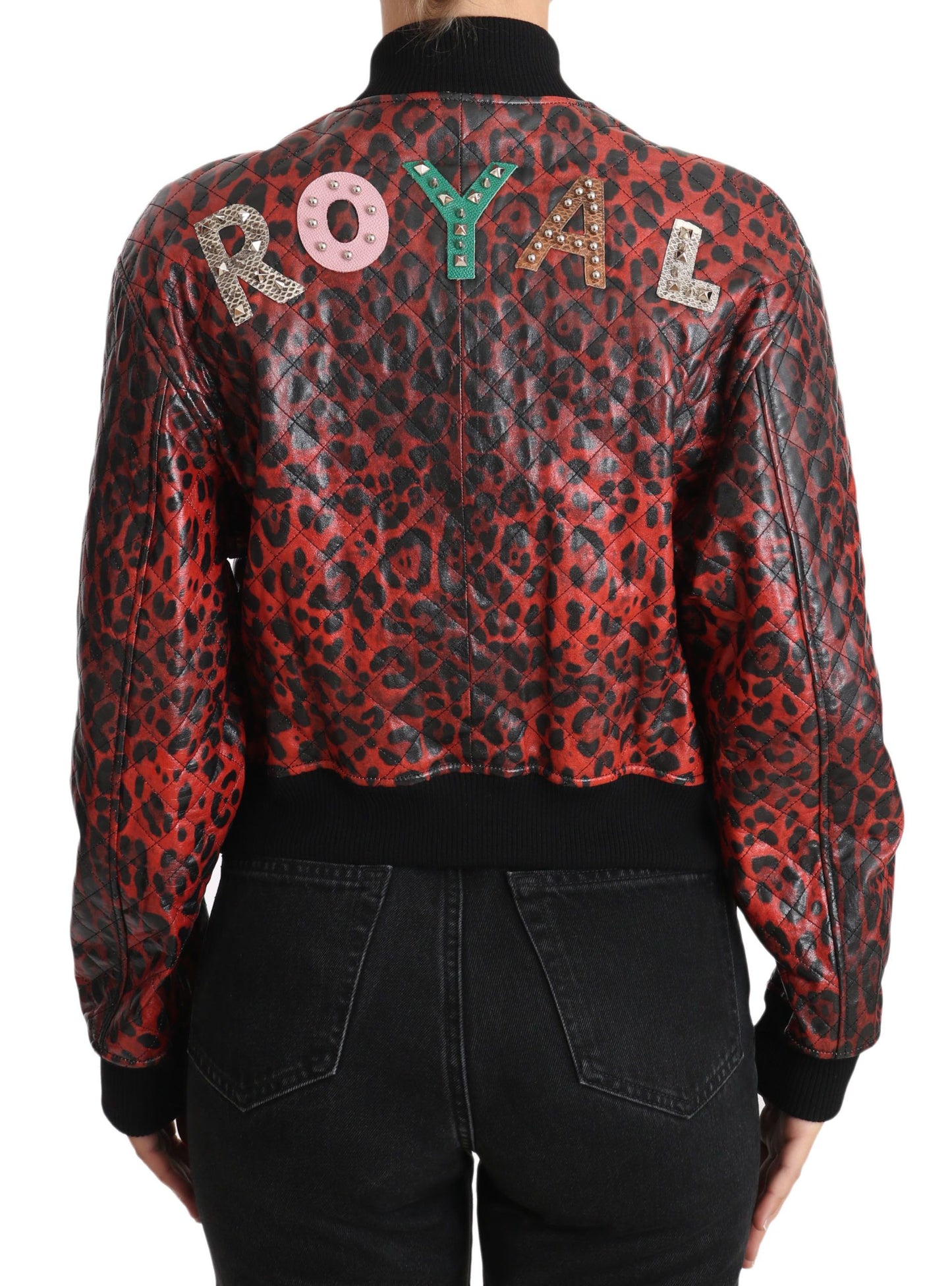 Dolce & Gabbana Cazadora bomber de cuero de leopardo rojo con botones de cristal