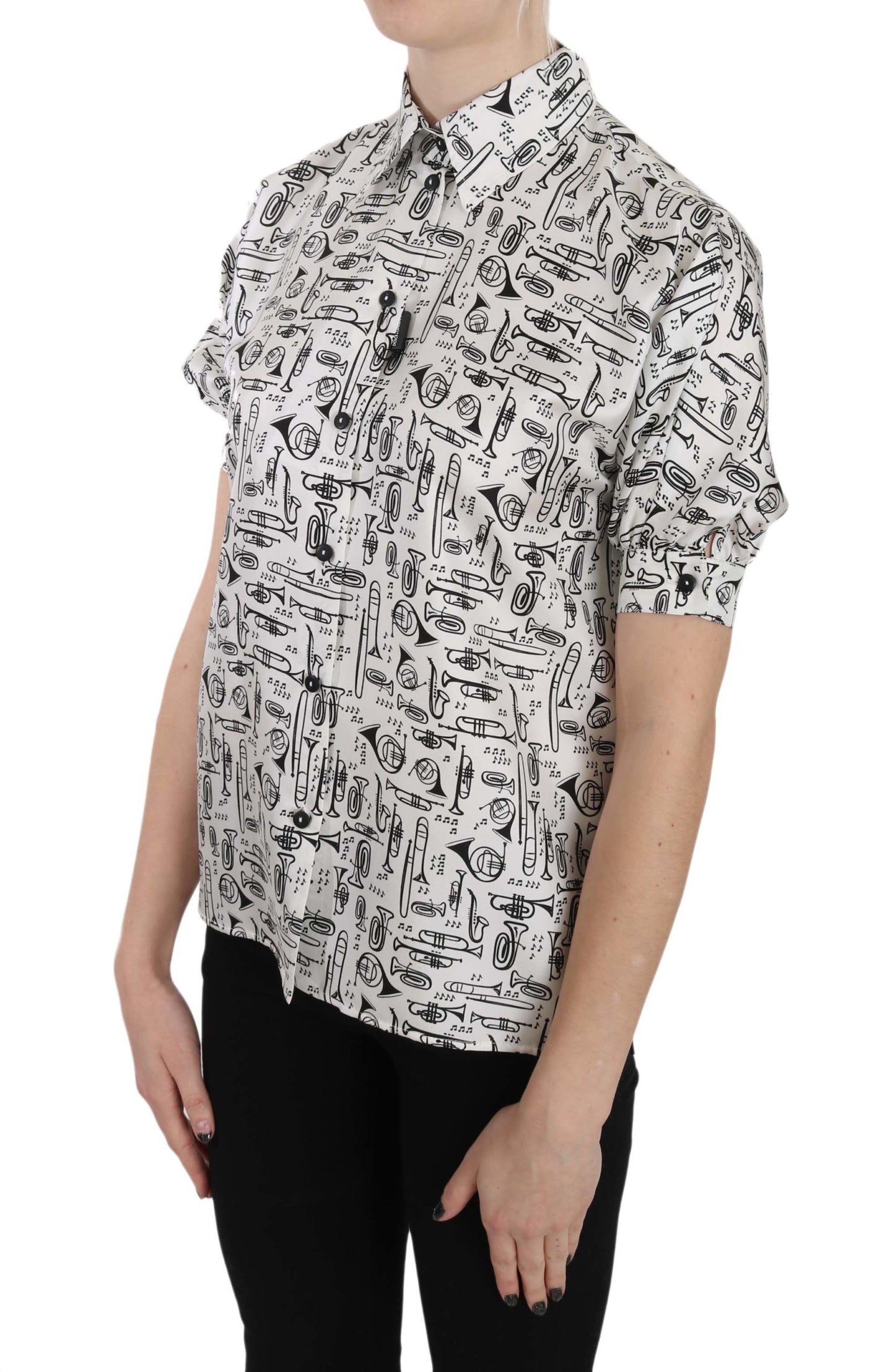 Dolce & Gabbana Elegante blusa de seda con estampado de trompeta