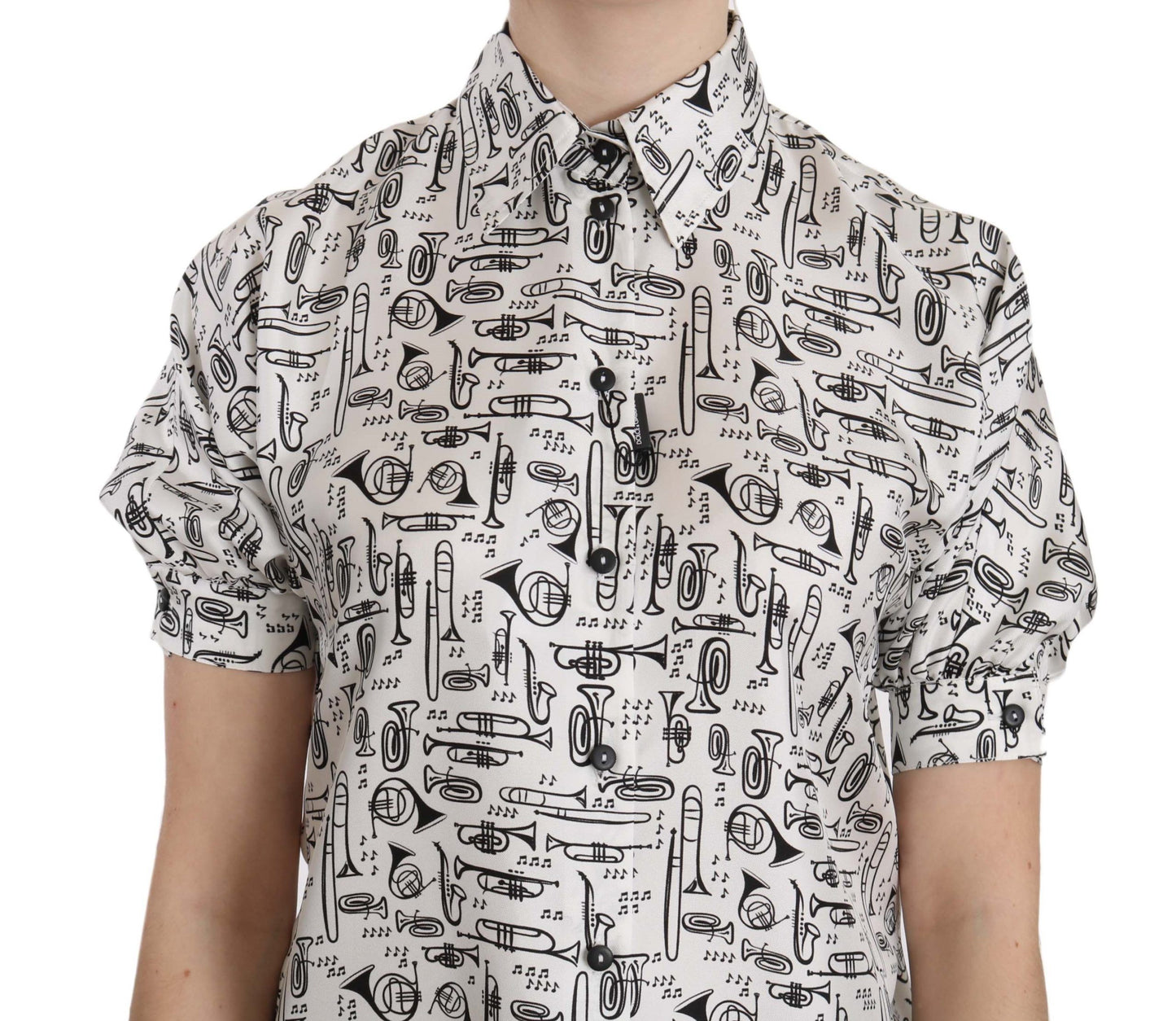 Dolce & Gabbana Elegante blusa de seda con estampado de trompeta