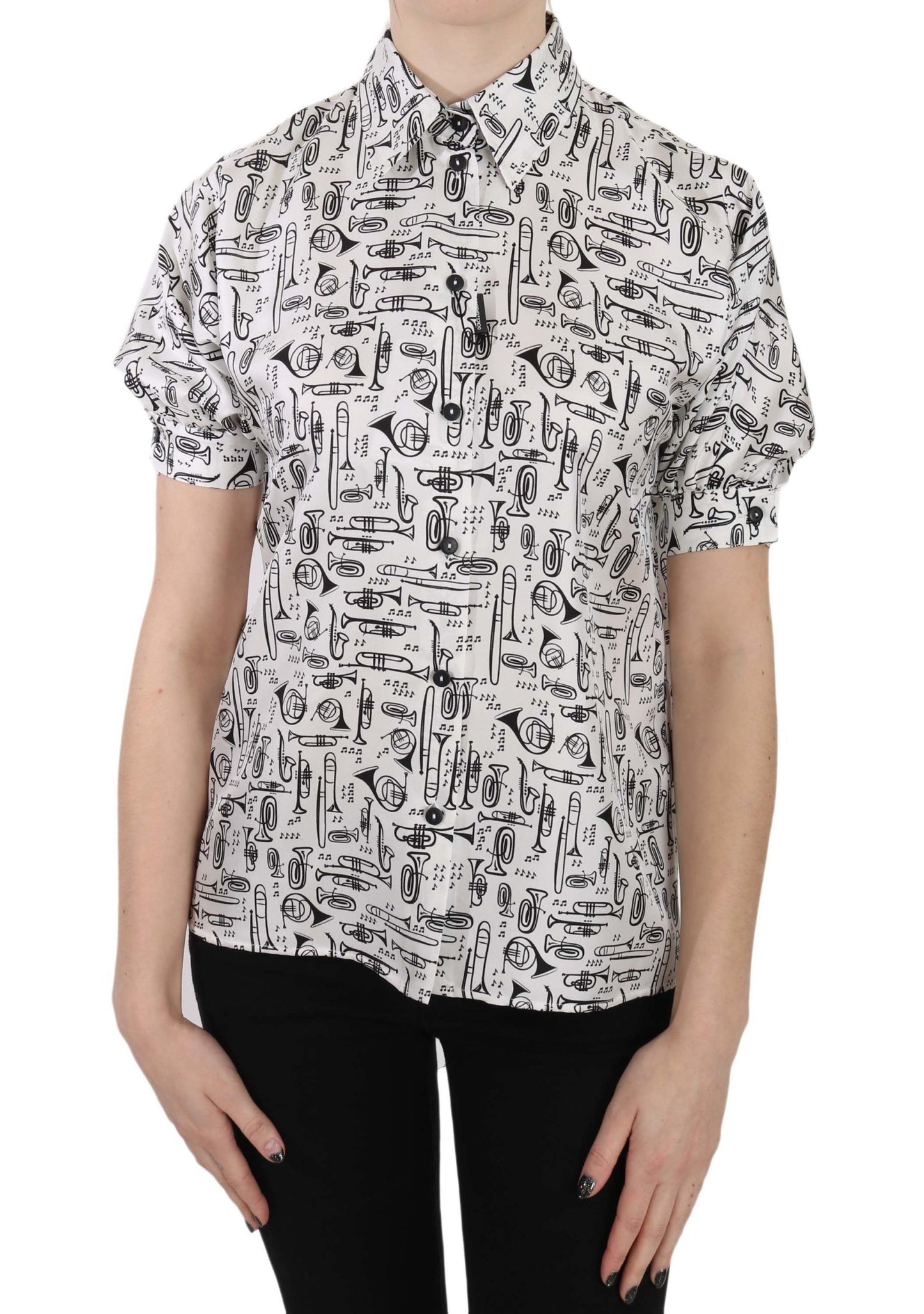Dolce & Gabbana Elegante blusa de seda con estampado de trompeta