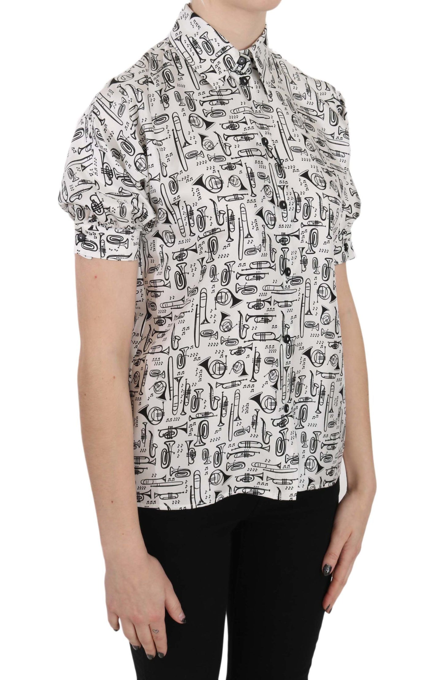 Dolce & Gabbana Elegante blusa de seda con estampado de trompeta