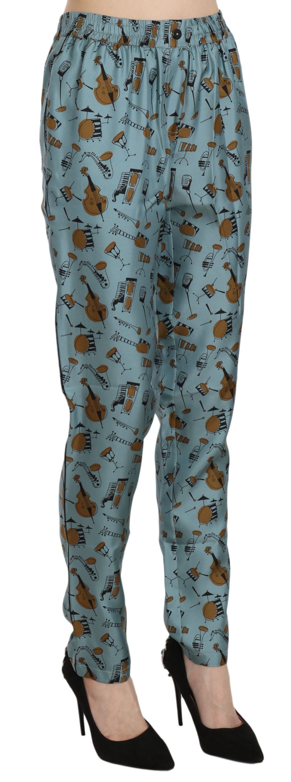 Dolce & Gabbana Pantalones cónicos de seda con estampado azul y cintura alta