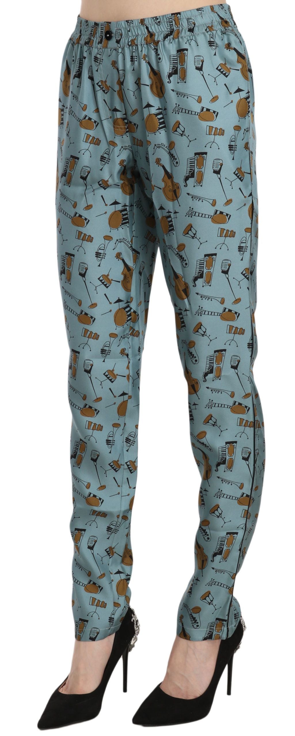 Dolce & Gabbana Pantalones cónicos de seda con estampado azul y cintura alta