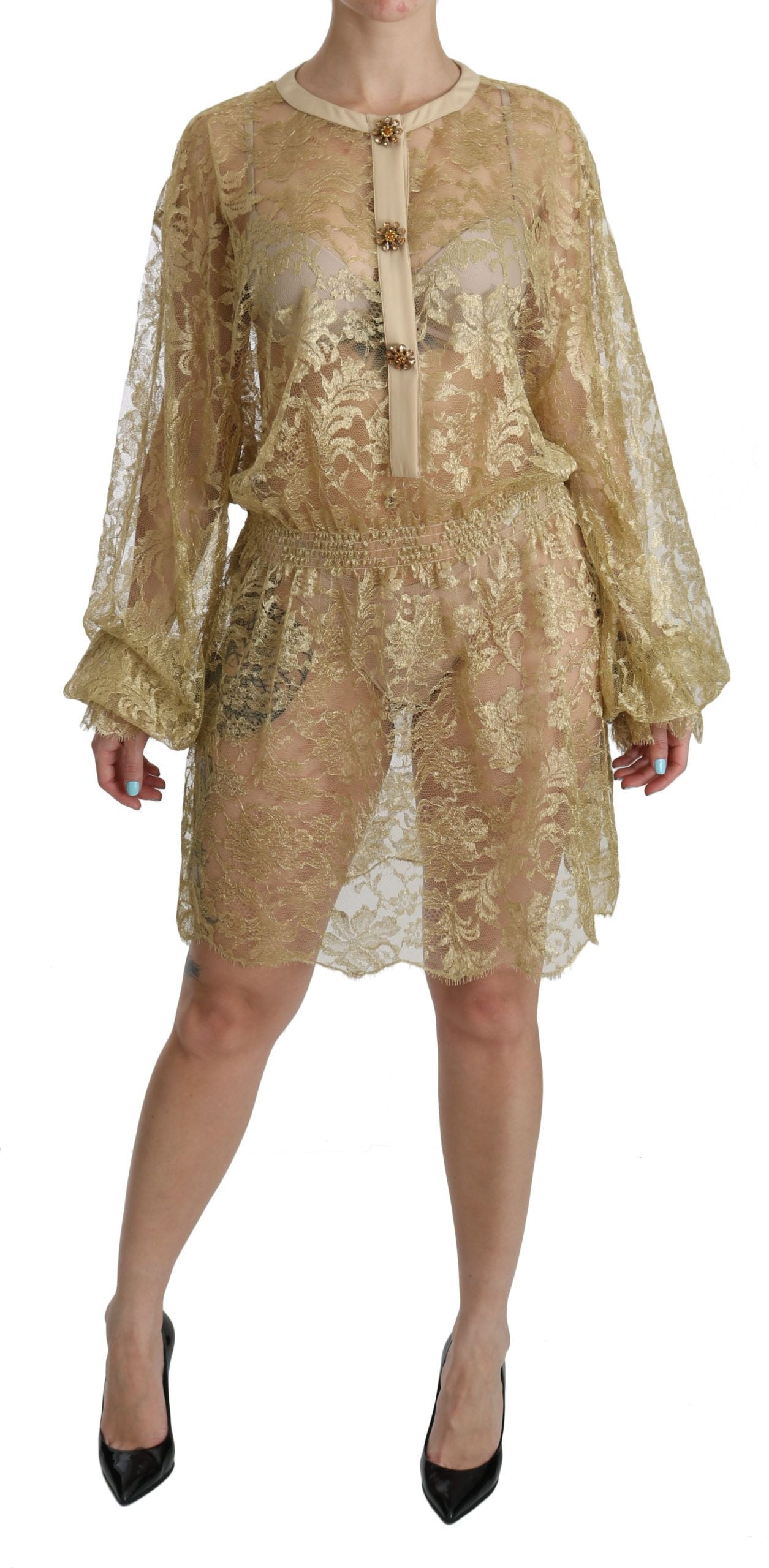 Dolce & Gabbana Vestido elegante hasta la rodilla con encaje dorado