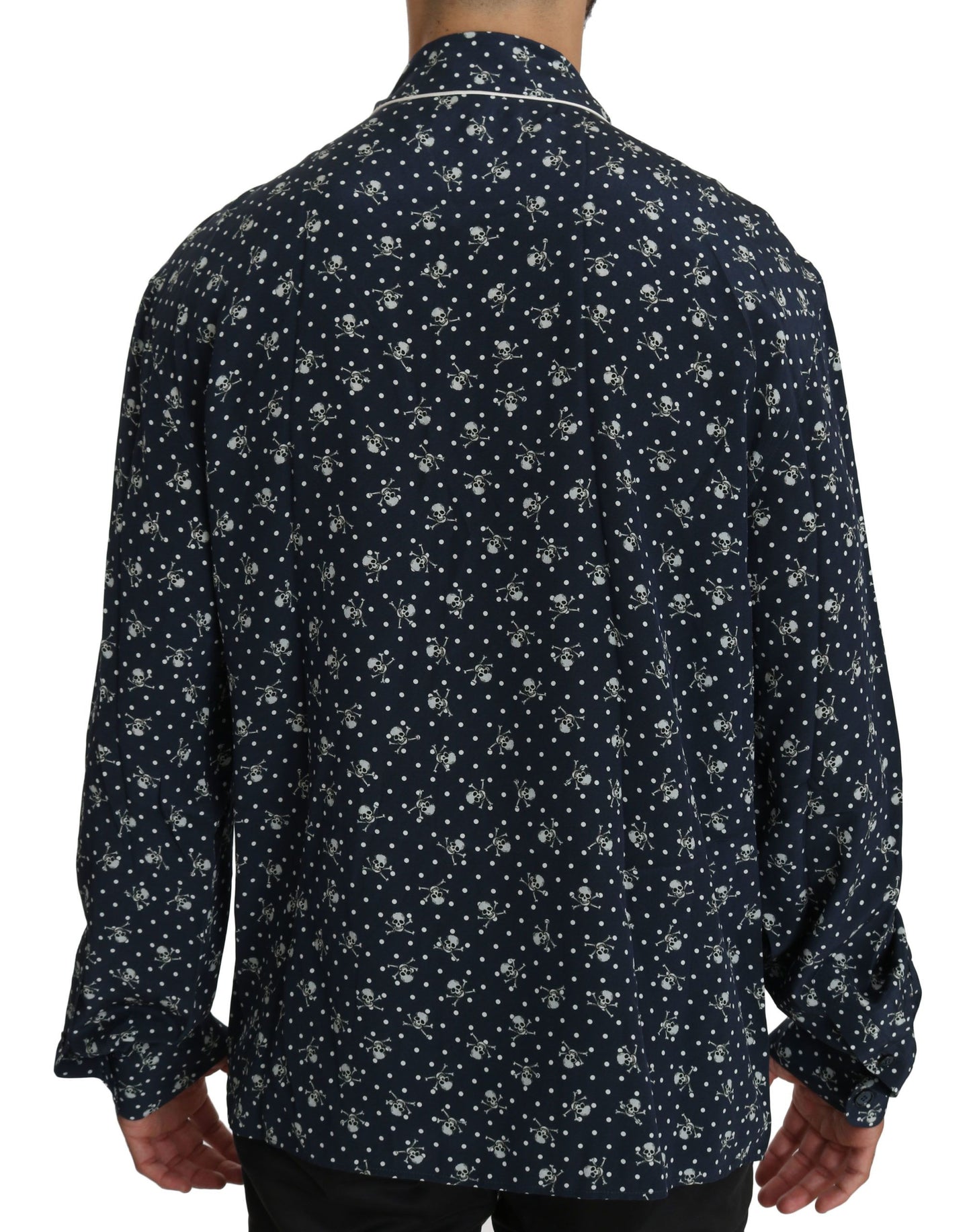 Dolce & Gabbana Silken Elegance: Camisa lounge con estampado de calaveras en azul