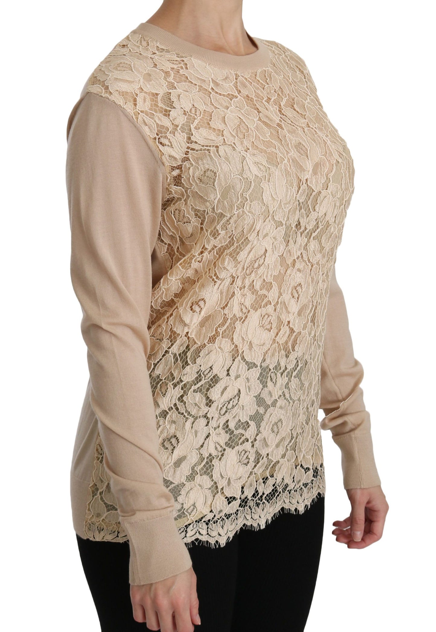 Dolce & Gabbana Elegante blusa de cachemira con cuello redondo y encaje beige
