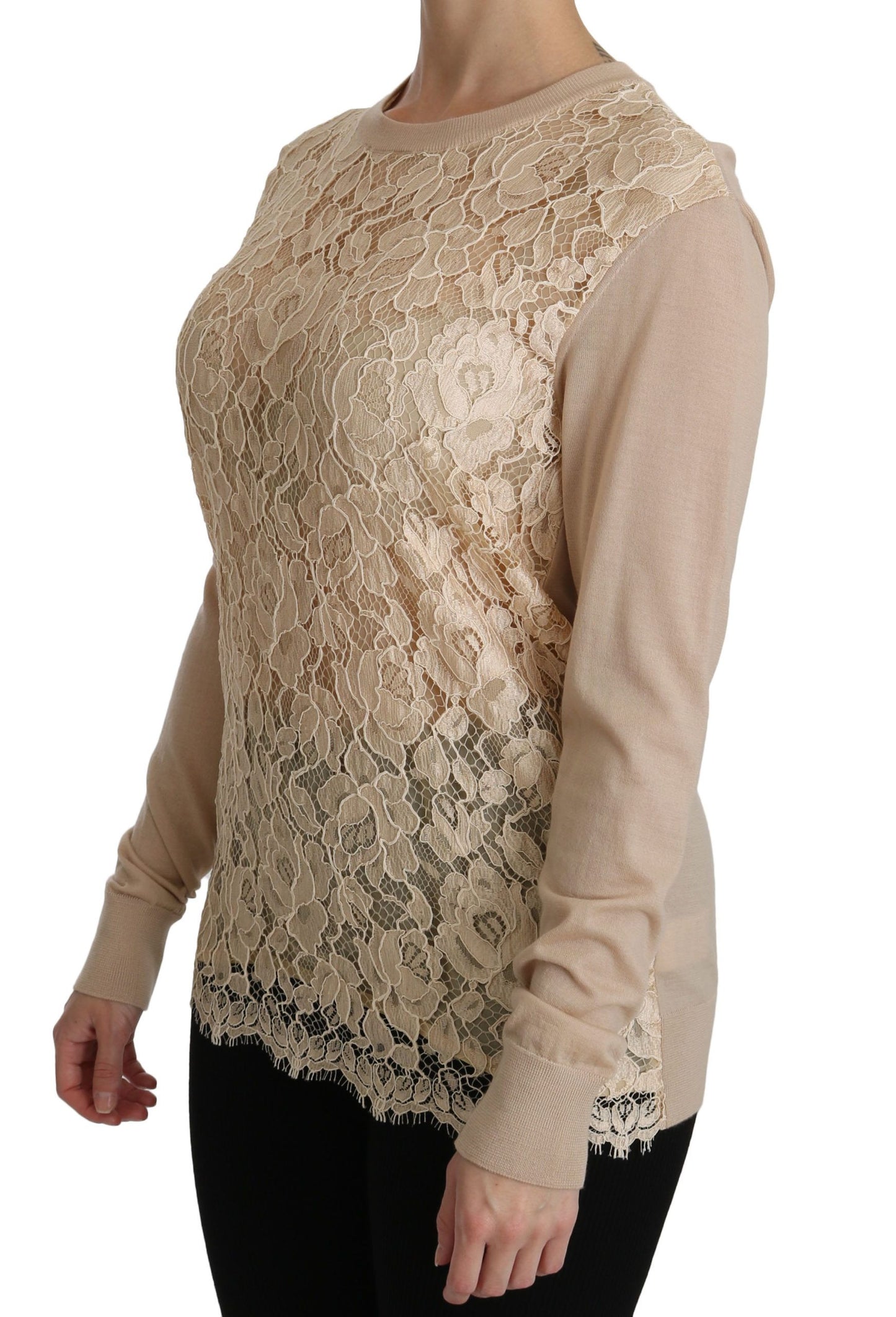 Dolce & Gabbana Elegante blusa de cachemira con cuello redondo y encaje beige