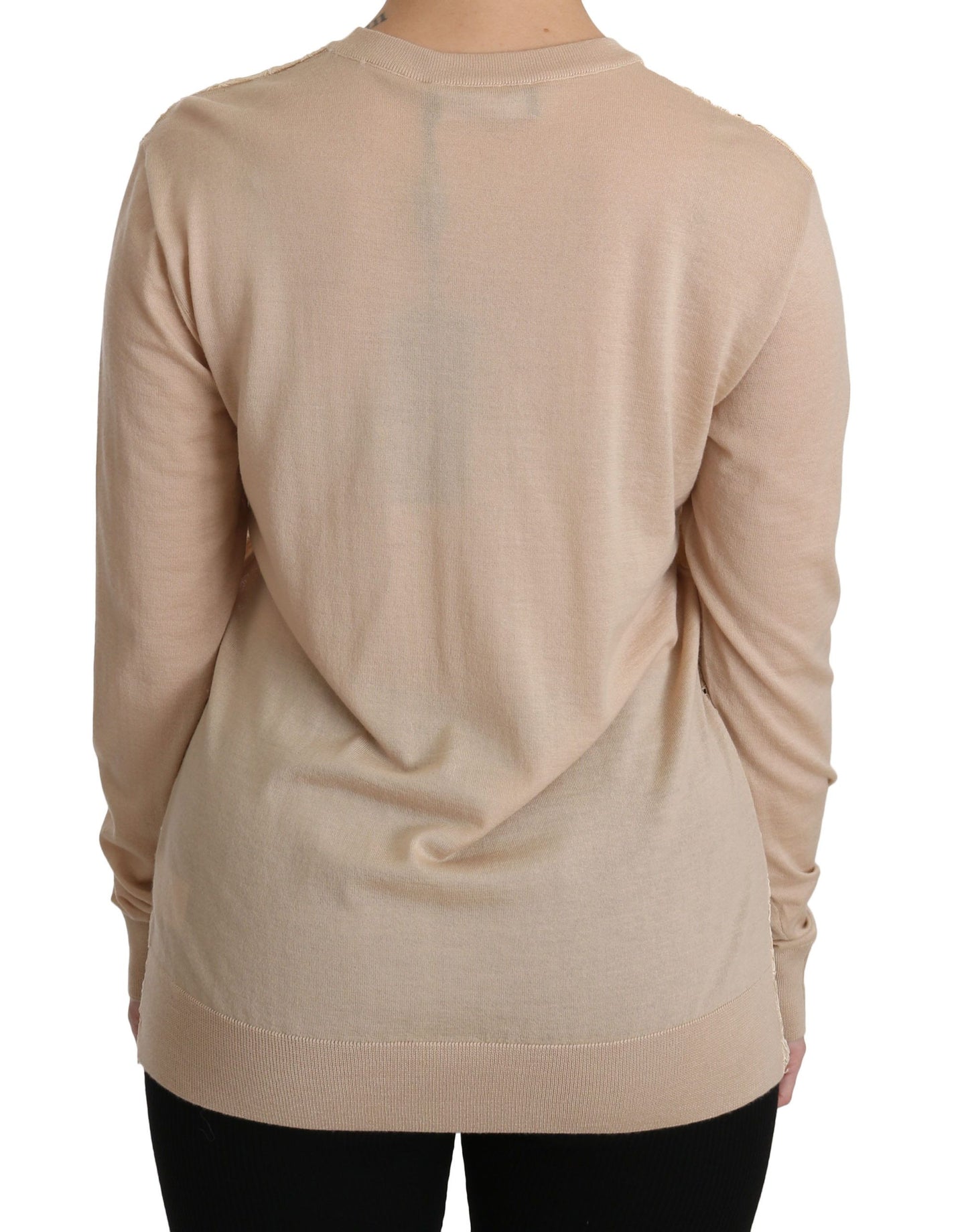 Dolce & Gabbana Elegante blusa de cachemira con cuello redondo y encaje beige