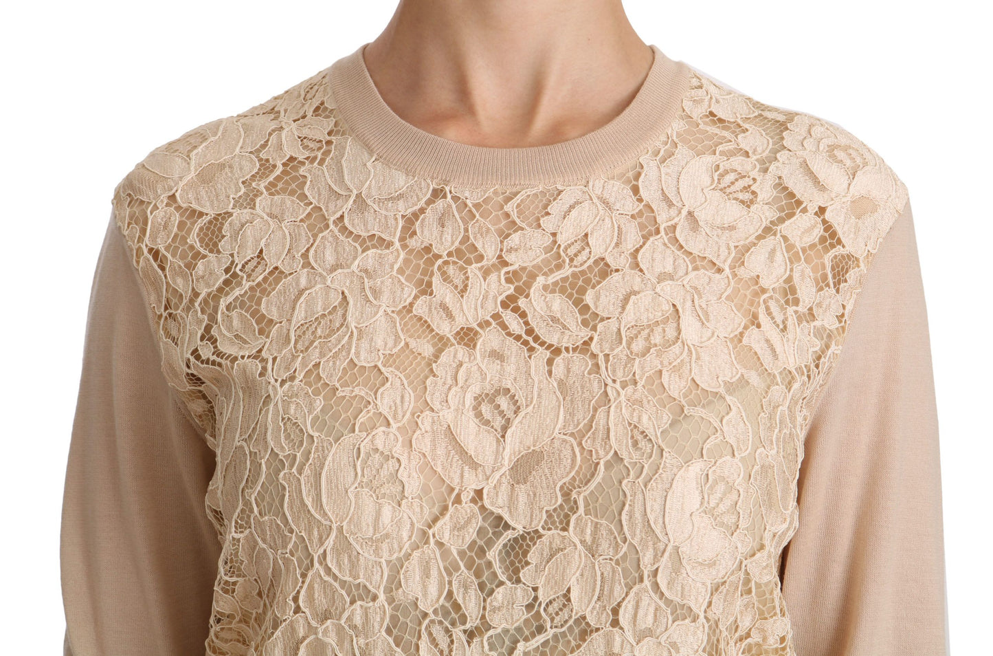 Dolce & Gabbana Elegante blusa de cachemira con cuello redondo y encaje beige