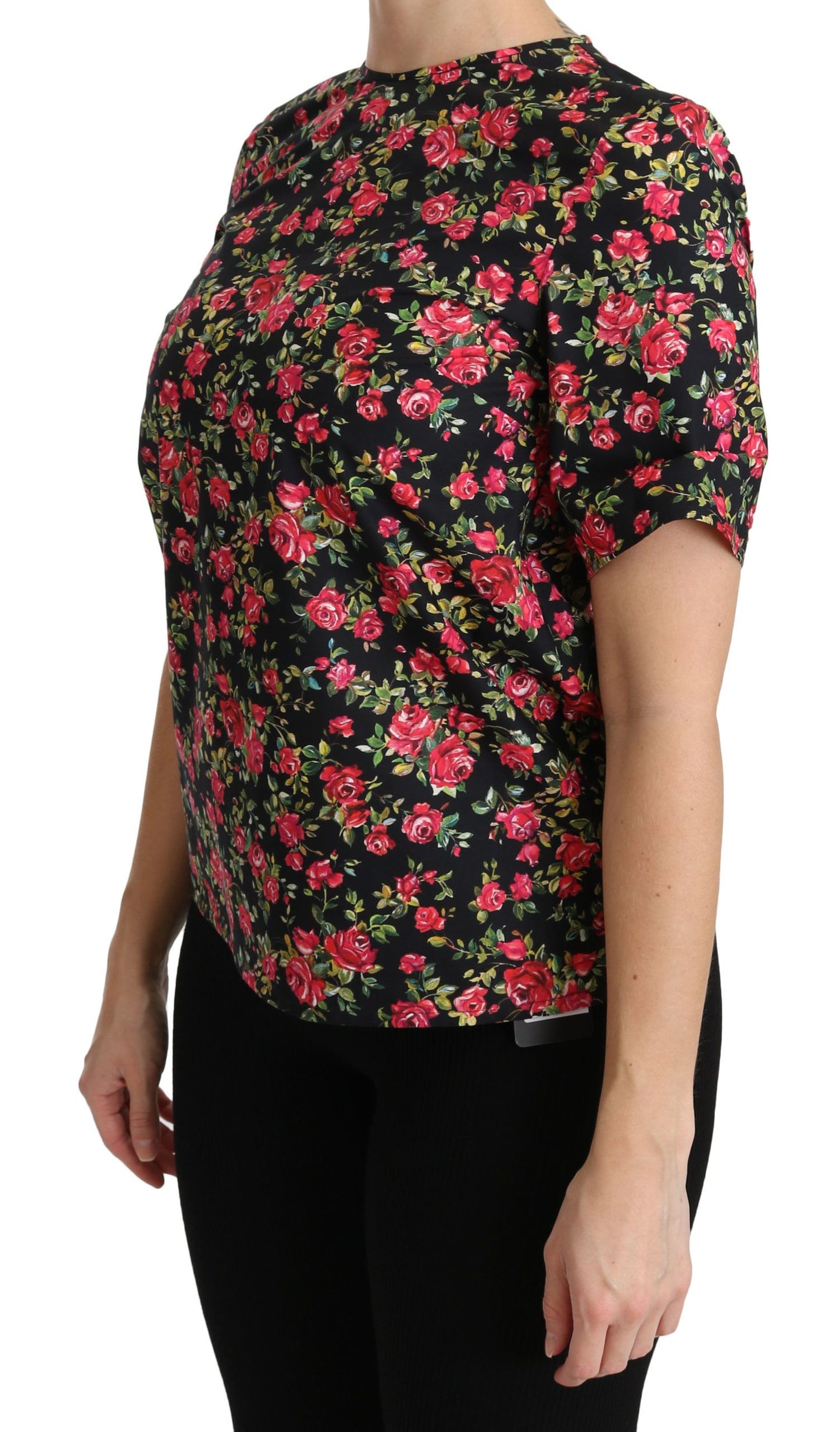 Dolce & Gabbana Elegante top con cuello redondo y estampado floral negro