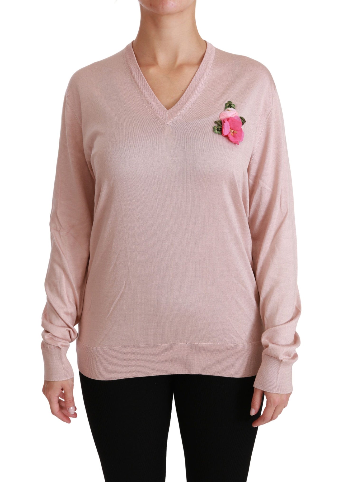Dolce & Gabbana Jersey de seda floral rosa con cuello en V
