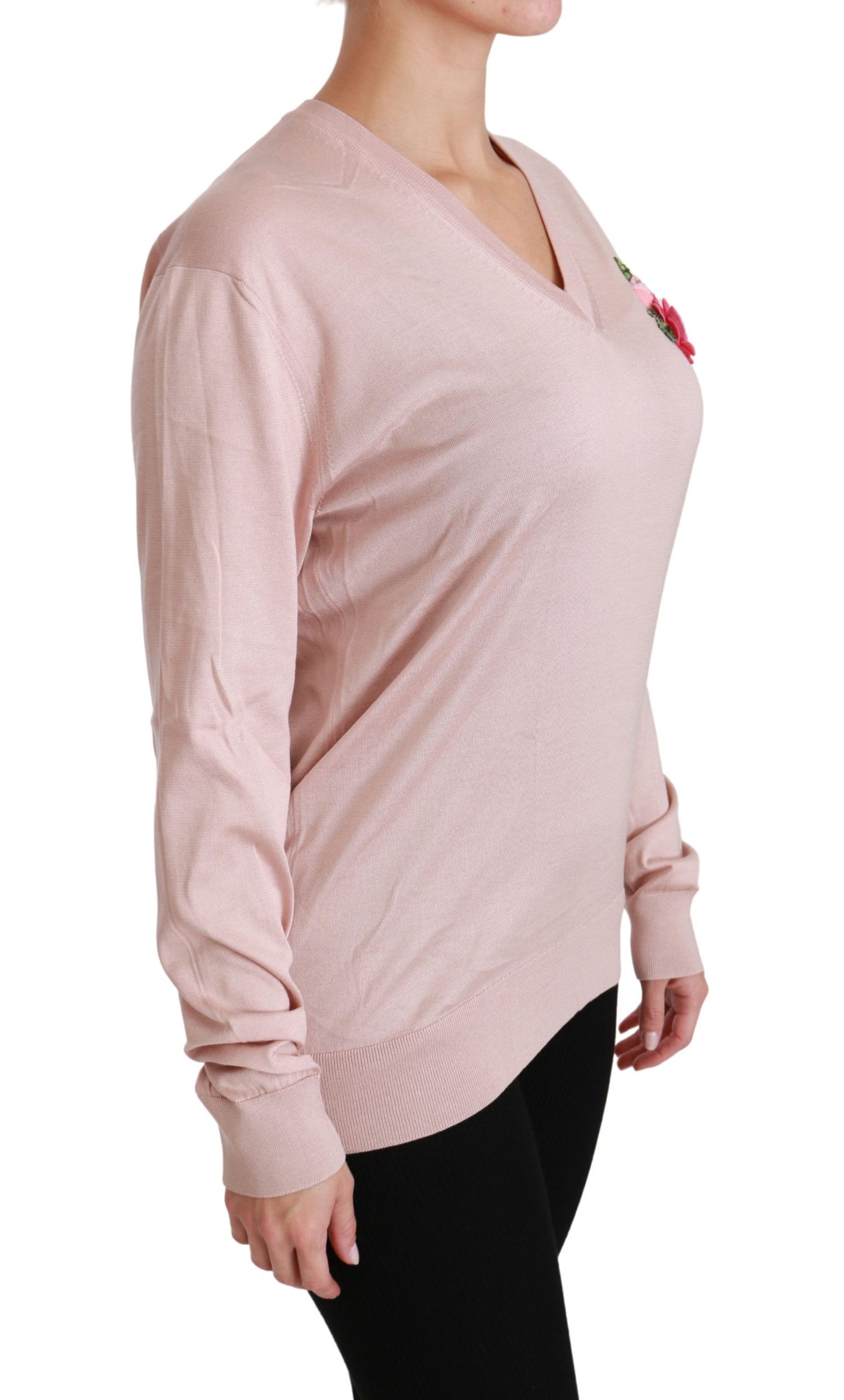 Dolce & Gabbana Jersey de seda floral rosa con cuello en V