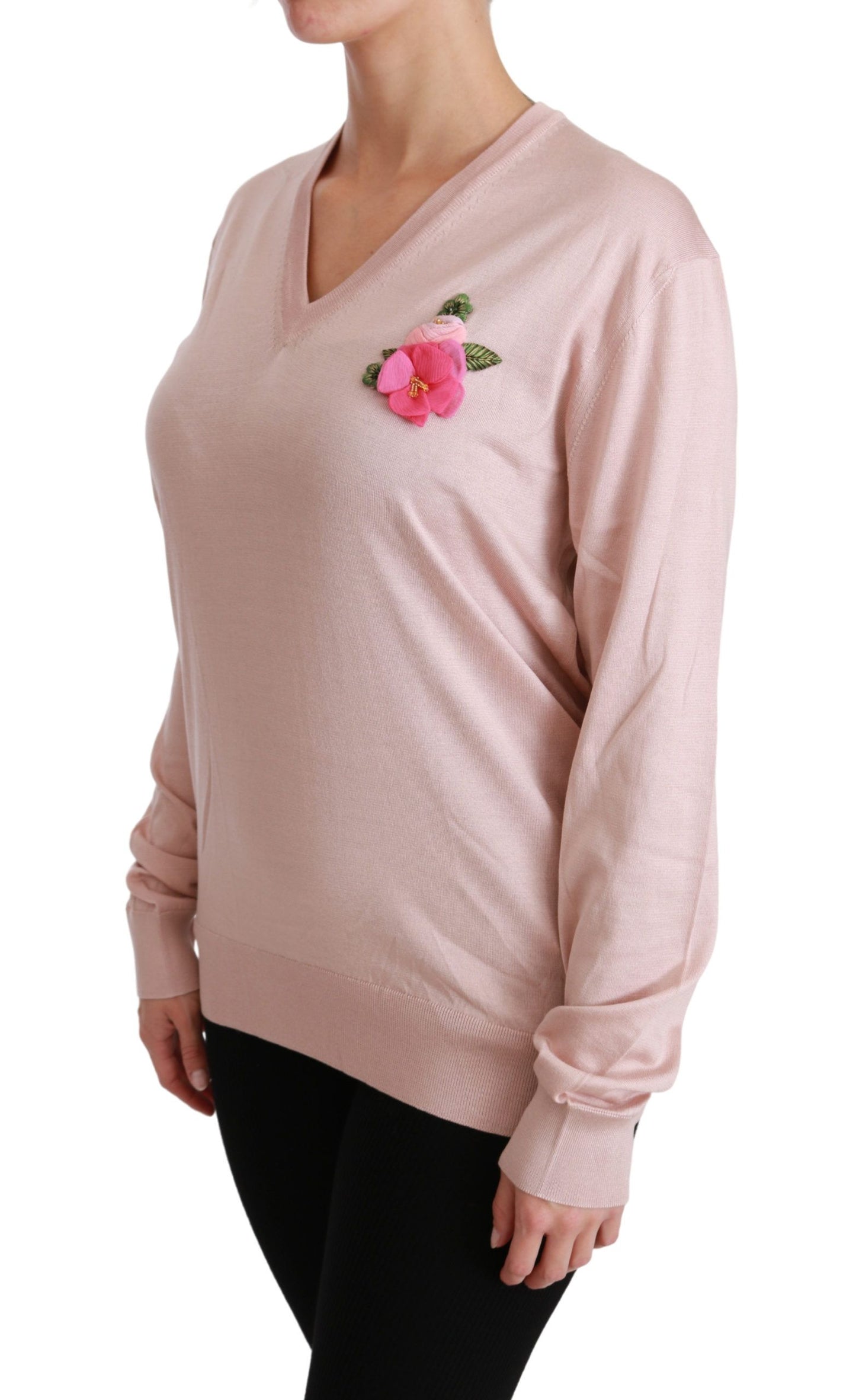 Dolce & Gabbana Jersey de seda floral rosa con cuello en V