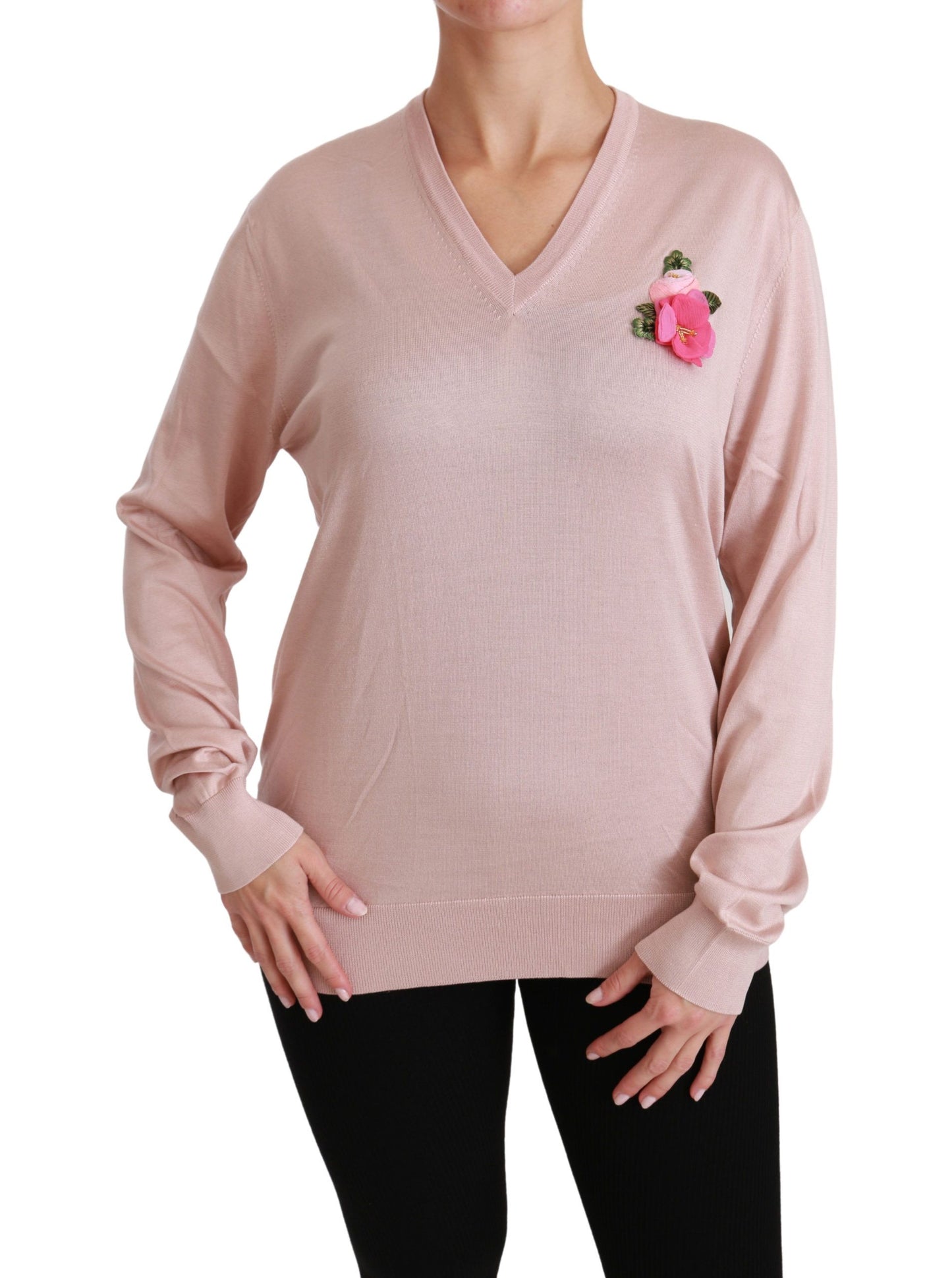 Dolce & Gabbana Jersey de seda floral rosa con cuello en V