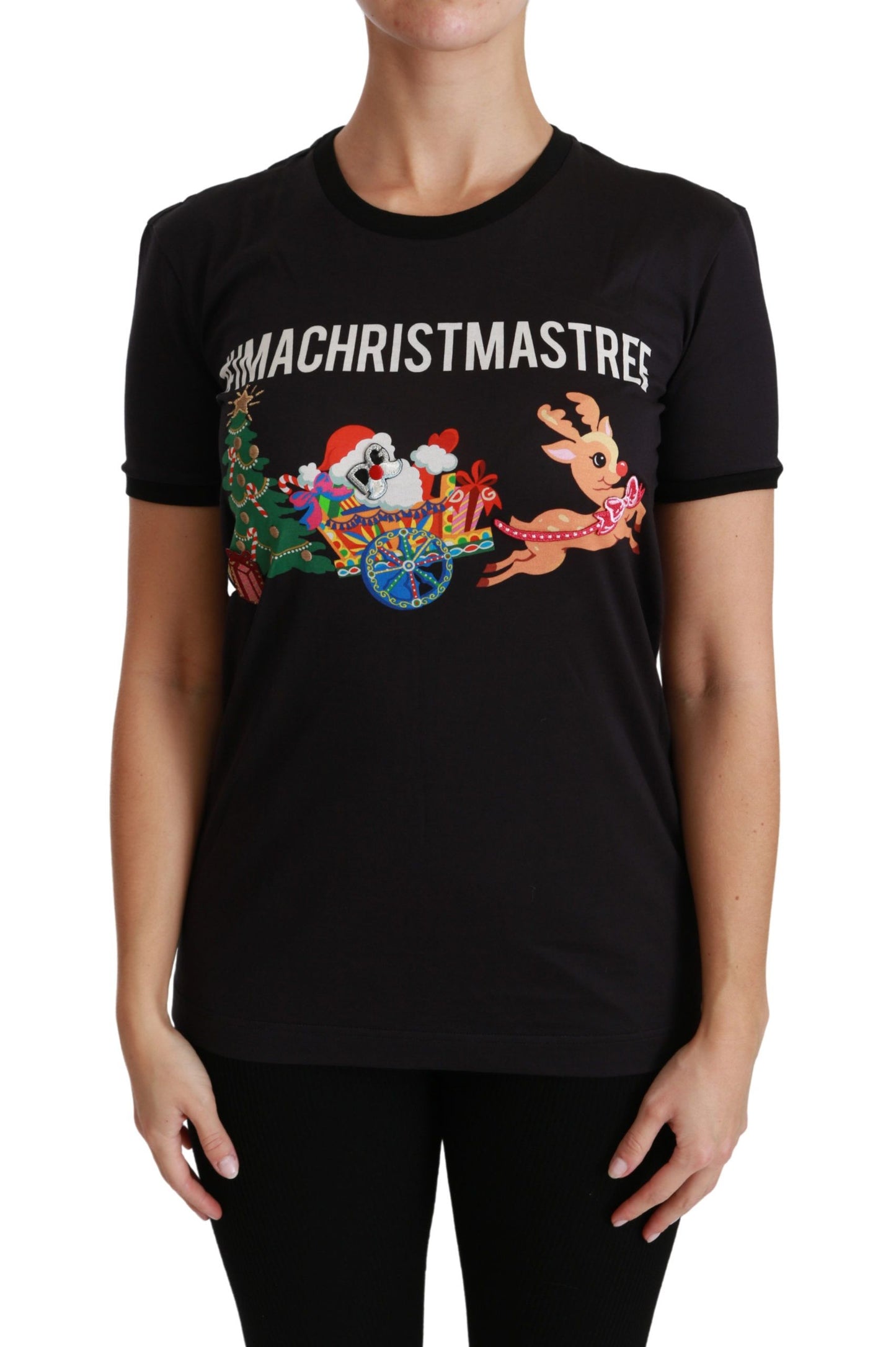 Dolce & Gabbana Camiseta negra de algodón con cuello redondo y estampado único