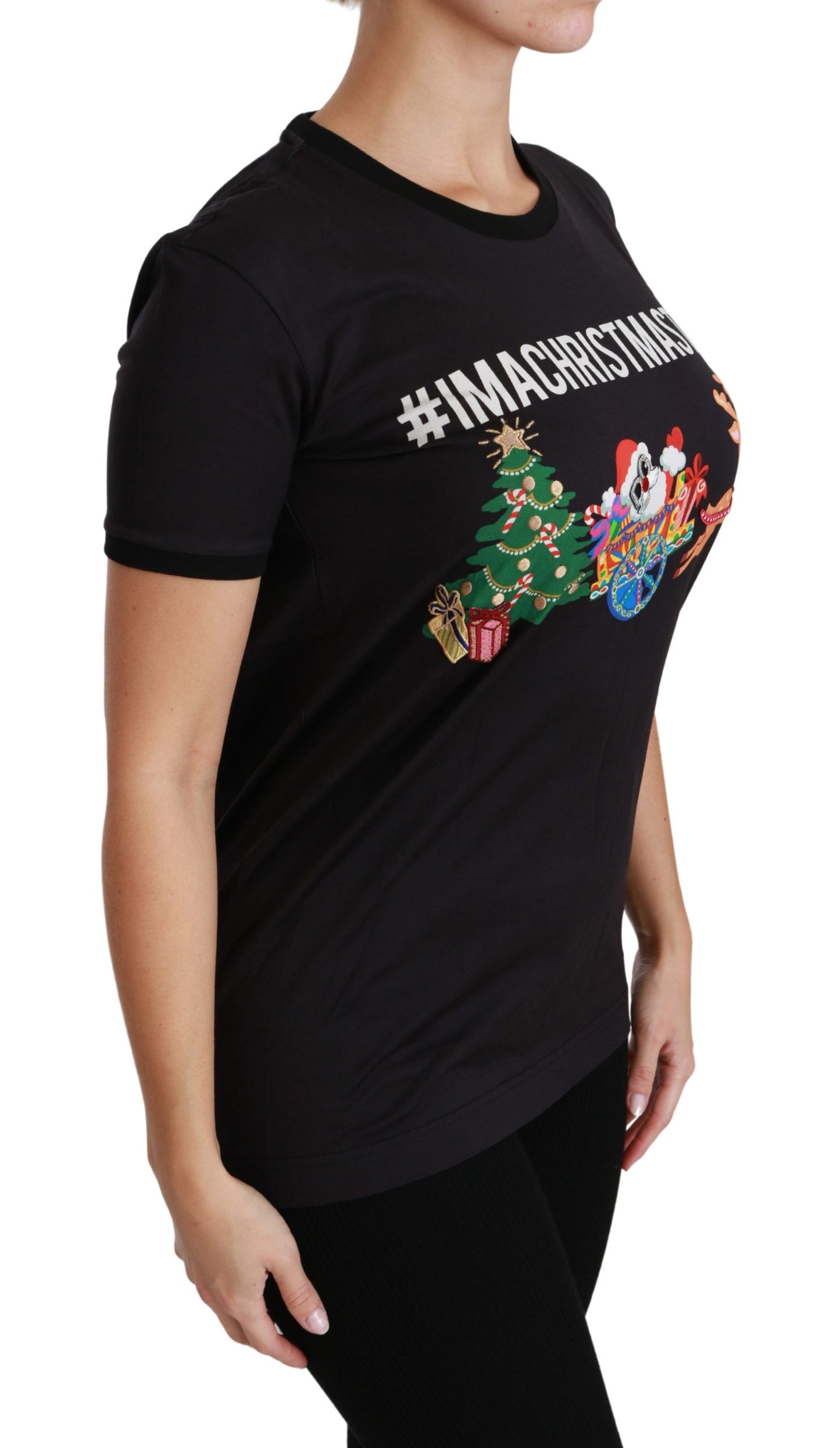 Dolce & Gabbana Camiseta negra de algodón con cuello redondo y estampado único