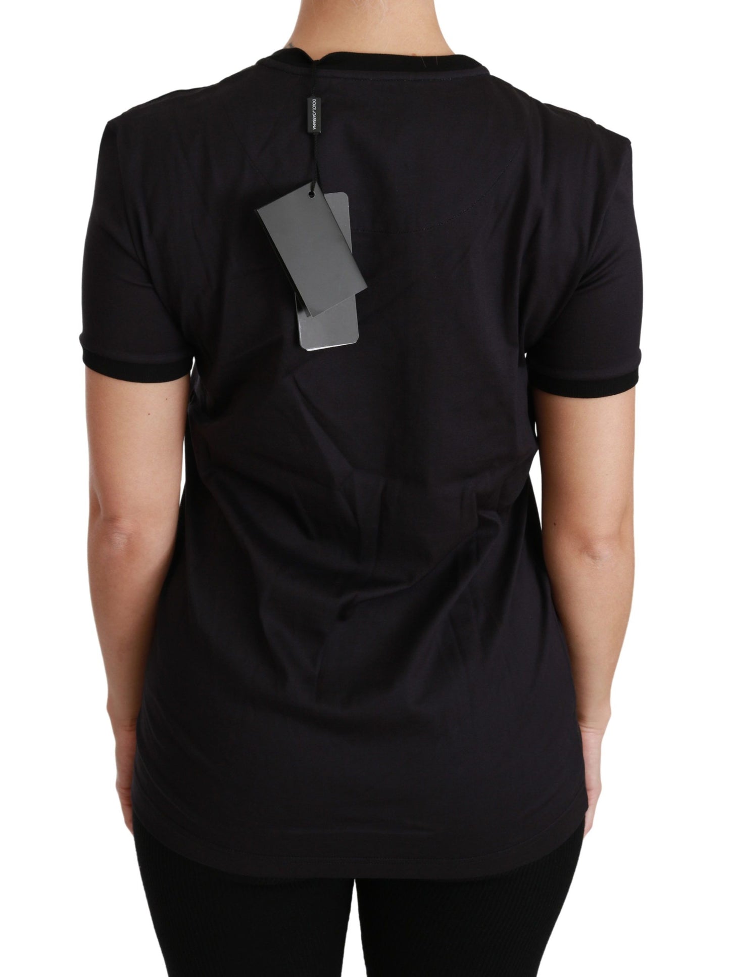 Dolce & Gabbana Camiseta negra de algodón con cuello redondo y estampado único