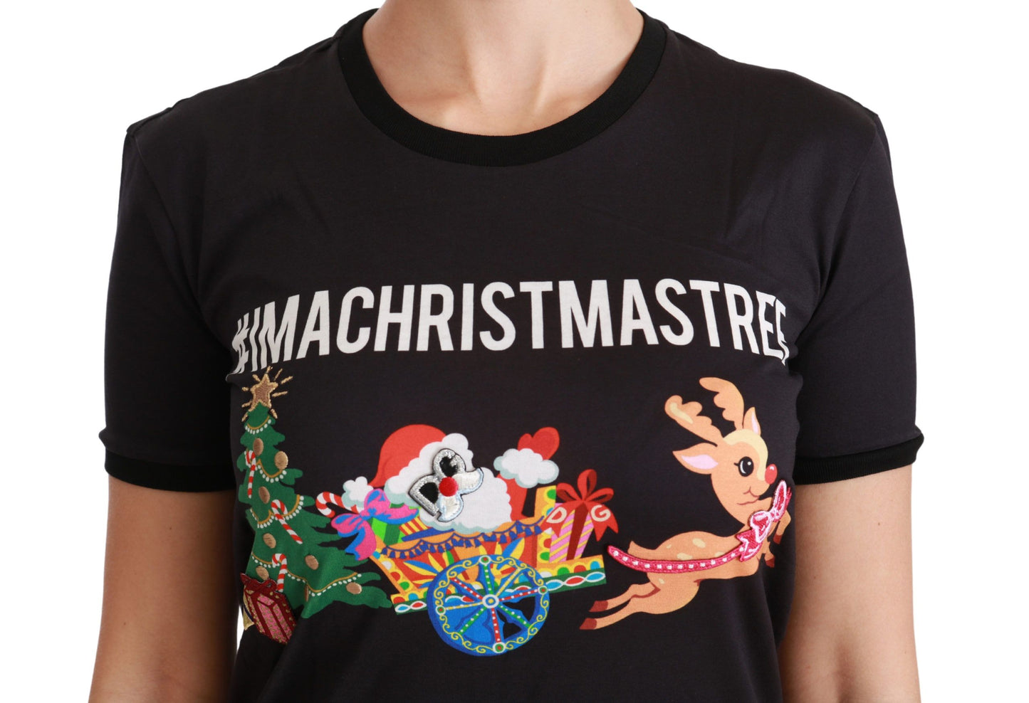 Dolce & Gabbana Camiseta negra de algodón con cuello redondo y estampado único