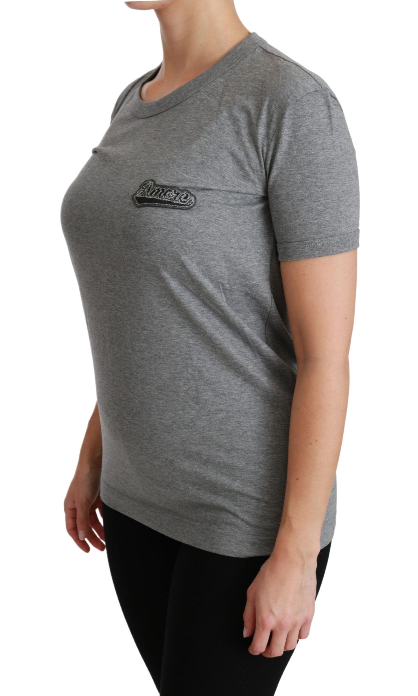 Dolce & Gabbana Camiseta gris elegante con cuello redondo y parche Amore