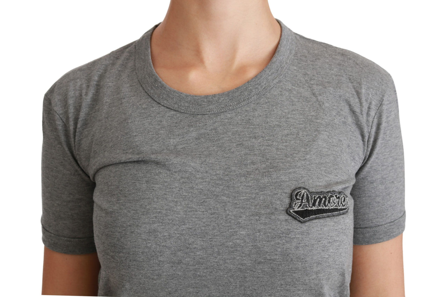 Dolce & Gabbana Camiseta gris elegante con cuello redondo y parche Amore