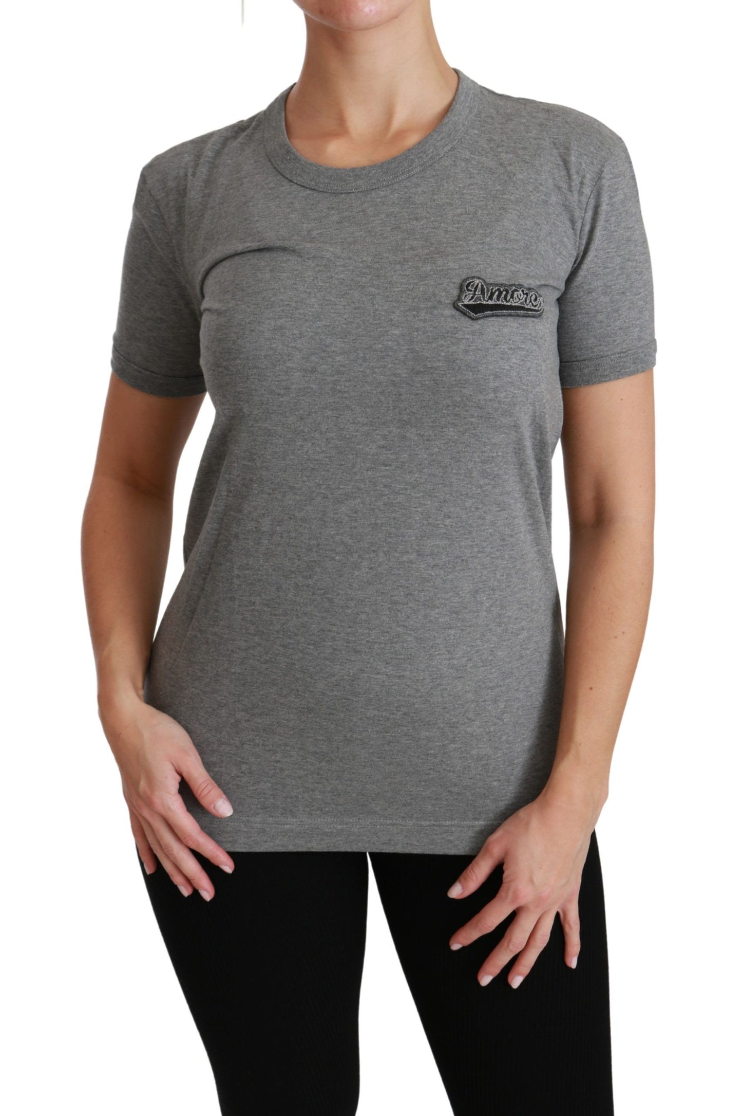 Dolce & Gabbana Camiseta gris elegante con cuello redondo y parche Amore