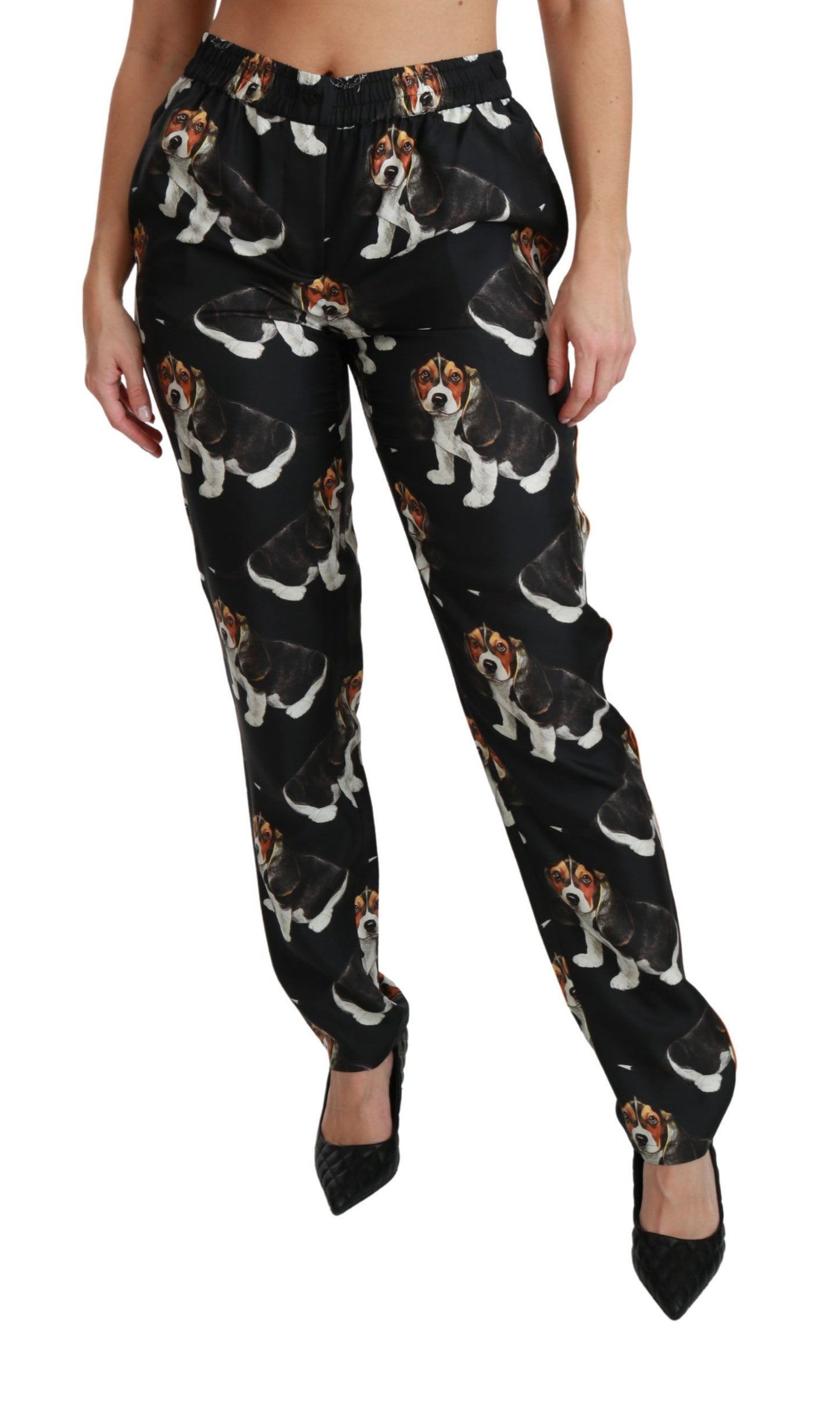 Dolce & Gabbana Pantalones elegantes de seda con estampado de cachorros
