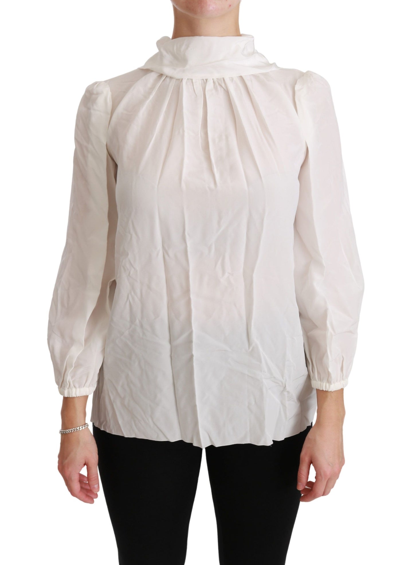 Dolce & Gabbana Elegante blusa de seda blanca con cuello alto