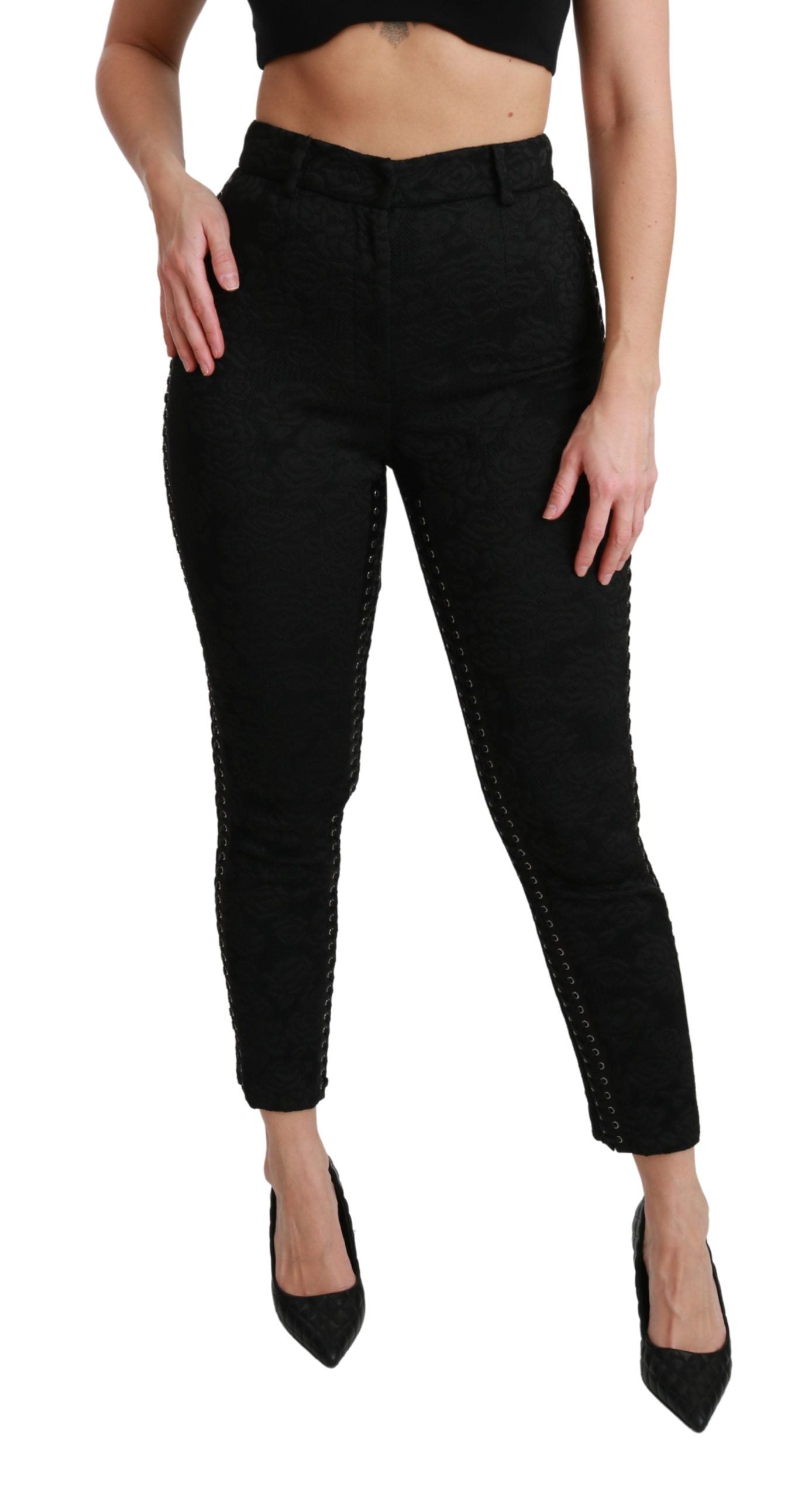 Dolce & Gabbana Elegantes pantalones pitillo de brocado negro de cintura alta