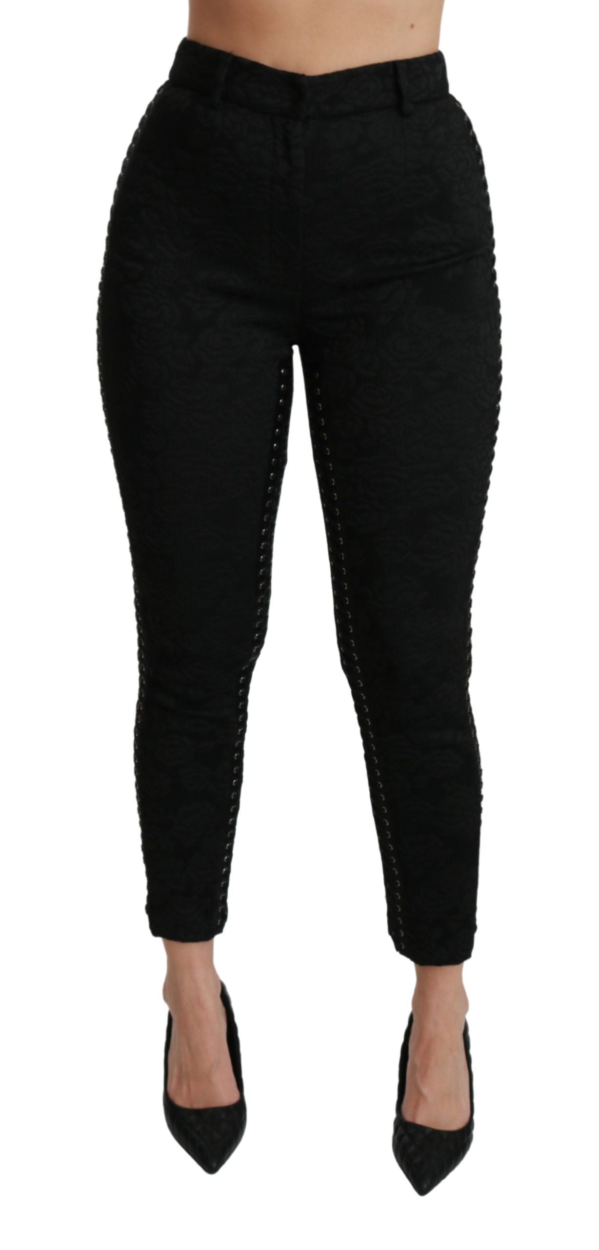 Dolce & Gabbana Elegantes pantalones pitillo de brocado negro de cintura alta