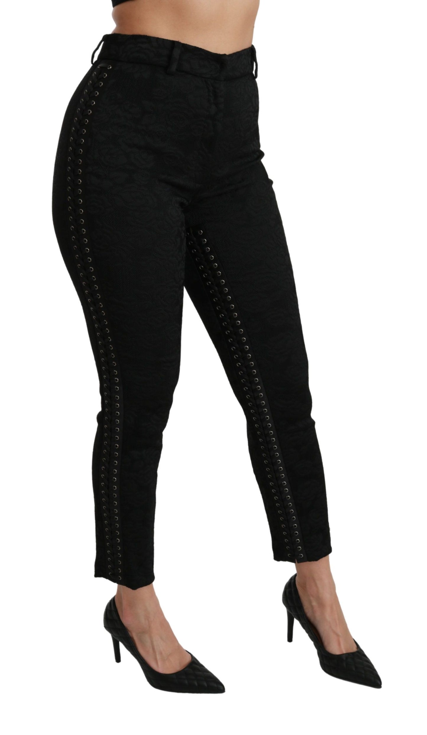 Dolce & Gabbana Elegantes pantalones pitillo de brocado negro de cintura alta