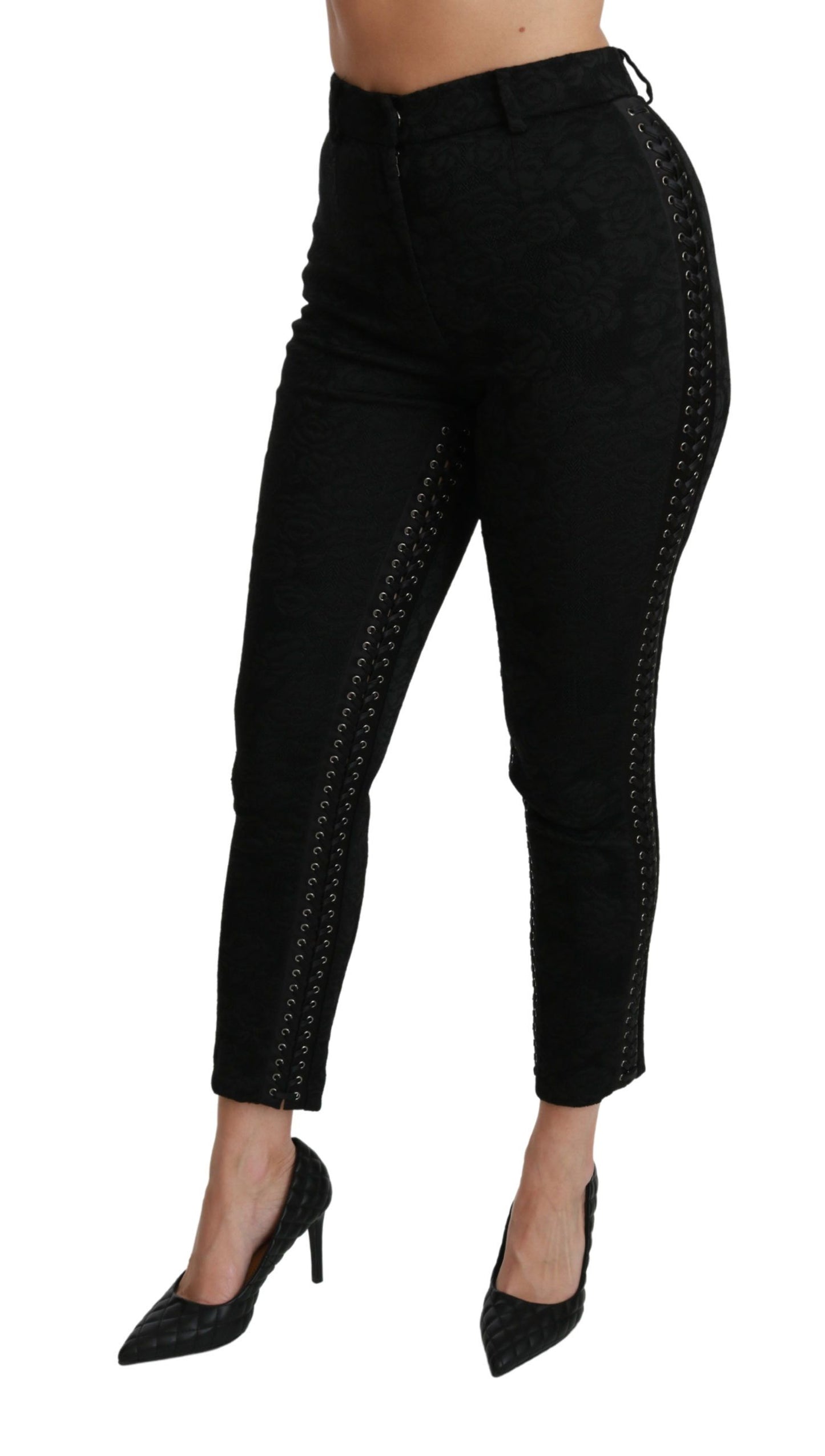 Dolce & Gabbana Elegantes pantalones pitillo de brocado negro de cintura alta
