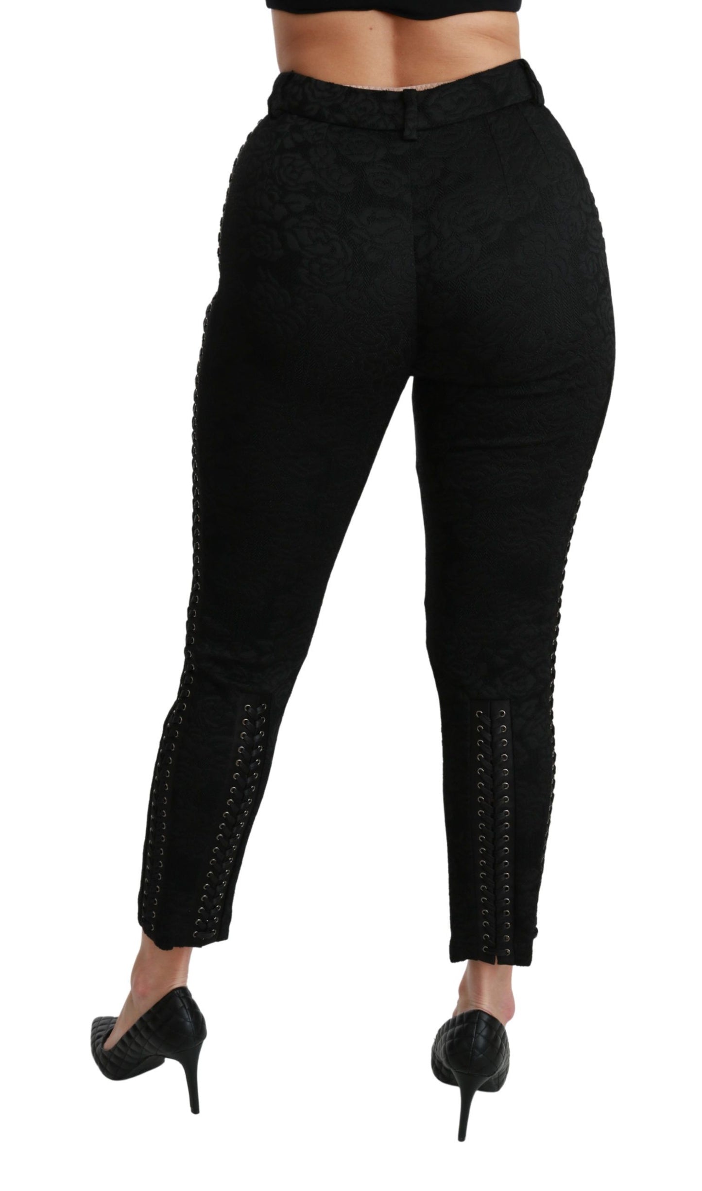 Dolce & Gabbana Elegantes pantalones pitillo de brocado negro de cintura alta