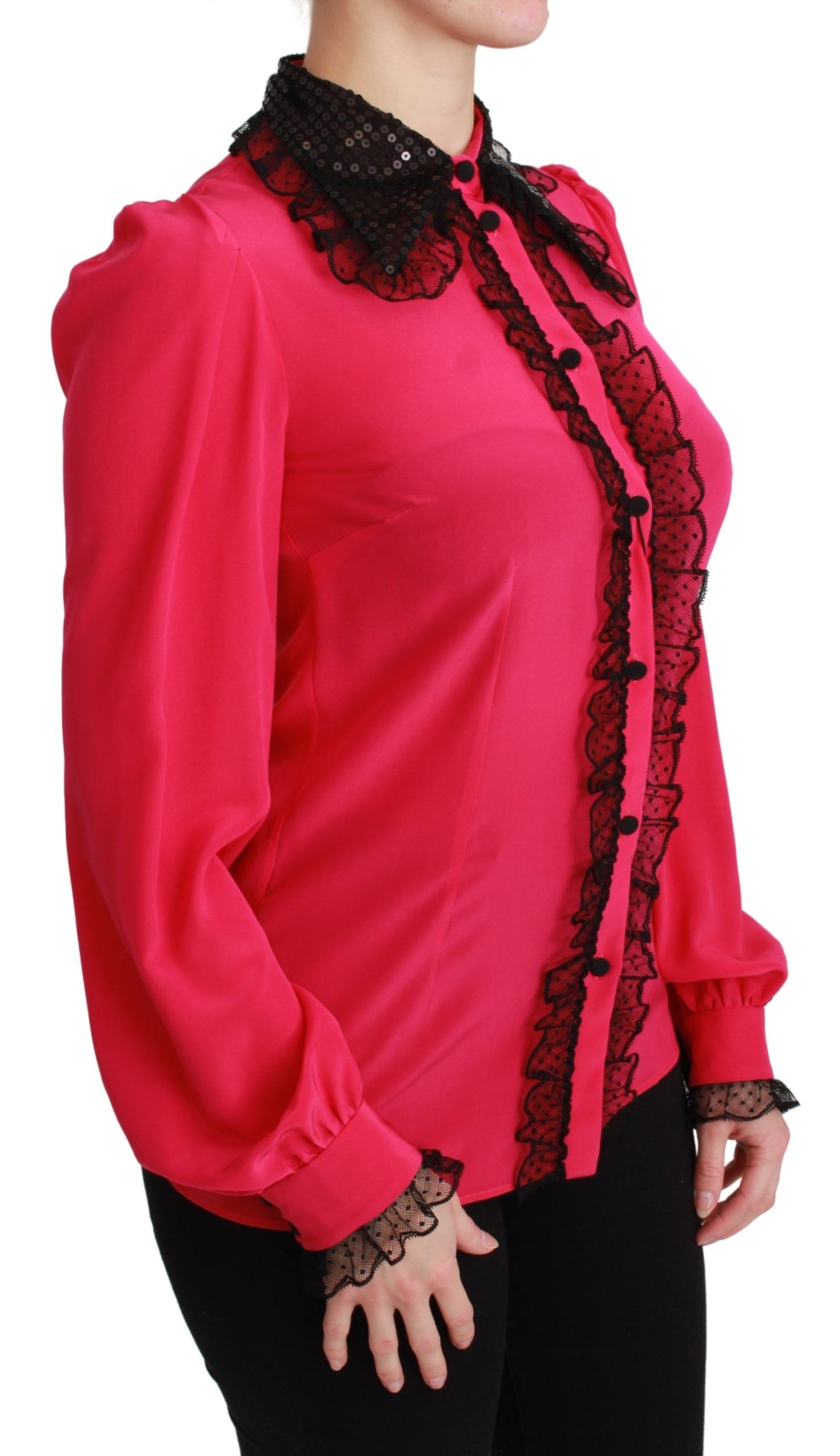 Dolce & Gabbana Silk Blend Lace Detail Blouse in Pink – IT40|S par Dolce & Gabbana | Disponible sur Sandy Store ByNet
