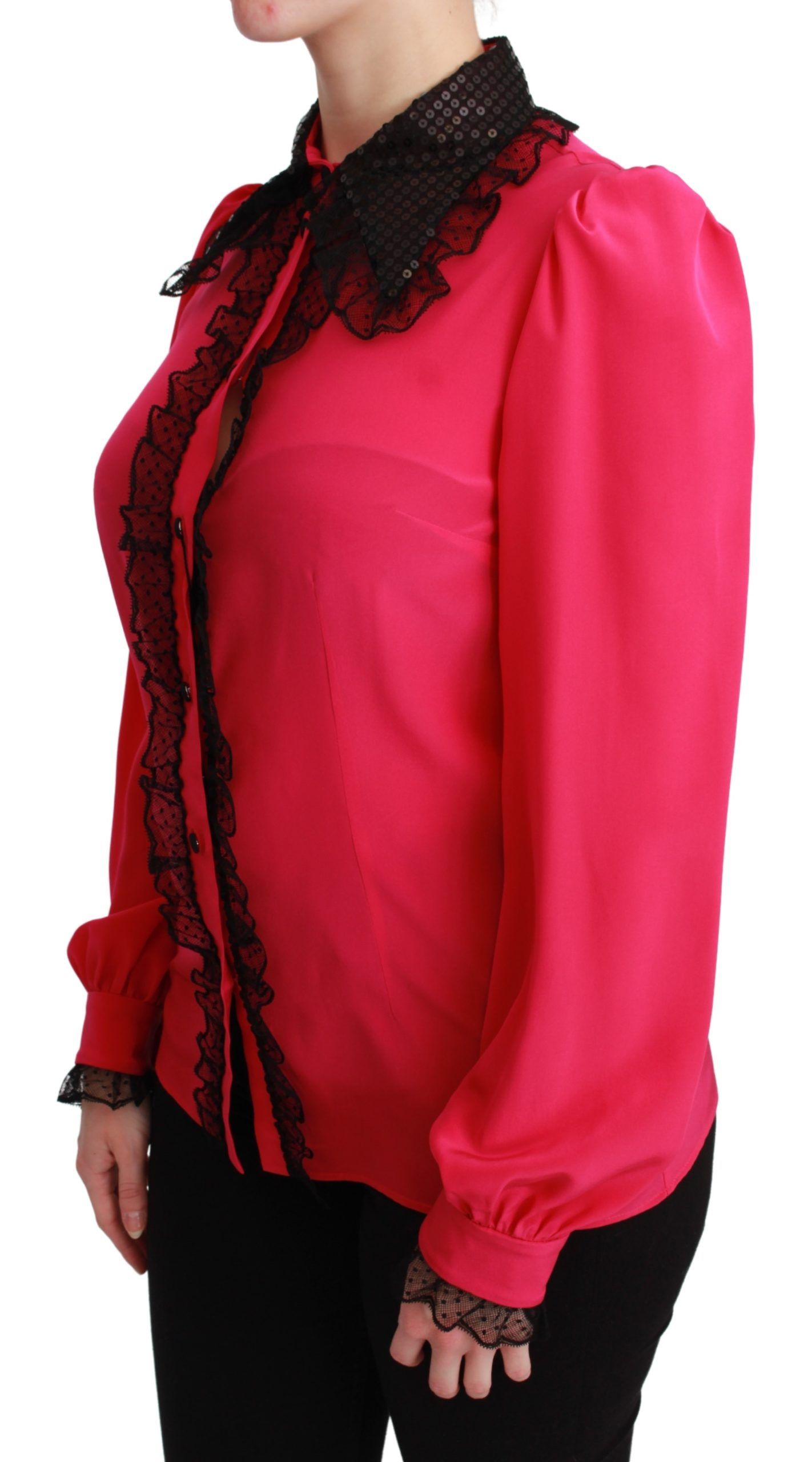Dolce & Gabbana Silk Blend Lace Detail Blouse in Pink – IT40|S par Dolce & Gabbana | Disponible sur Sandy Store ByNet