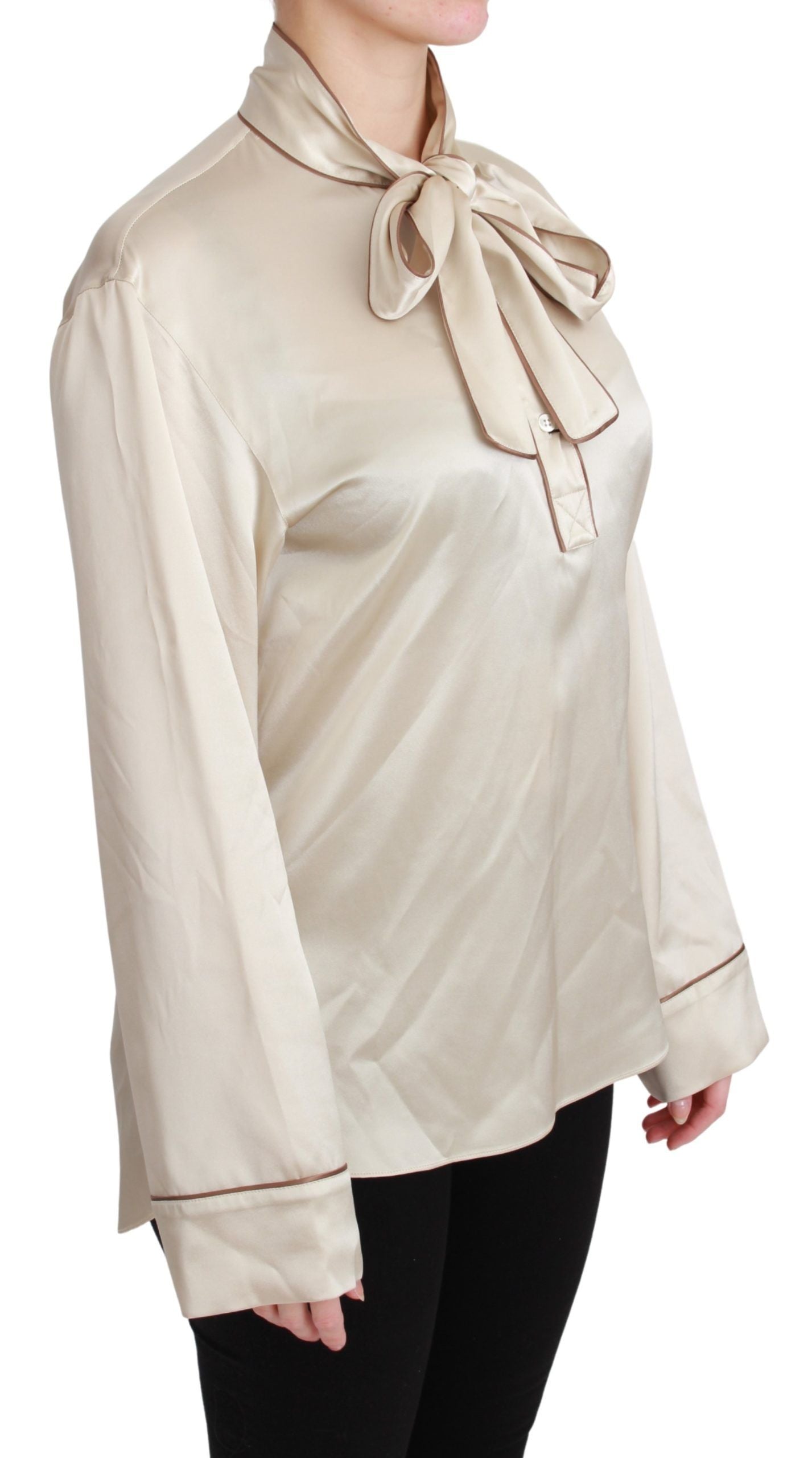 Dolce & Gabbana Elegante blusa de satén de seda beige con bordado QUEEN