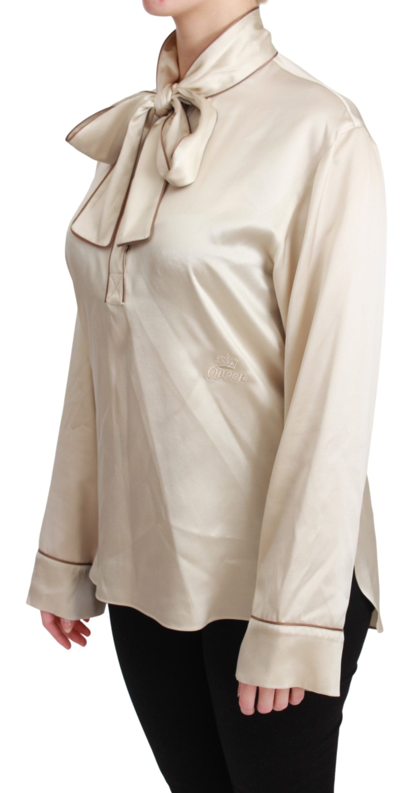 Dolce & Gabbana Elegante blusa de satén de seda beige con bordado QUEEN
