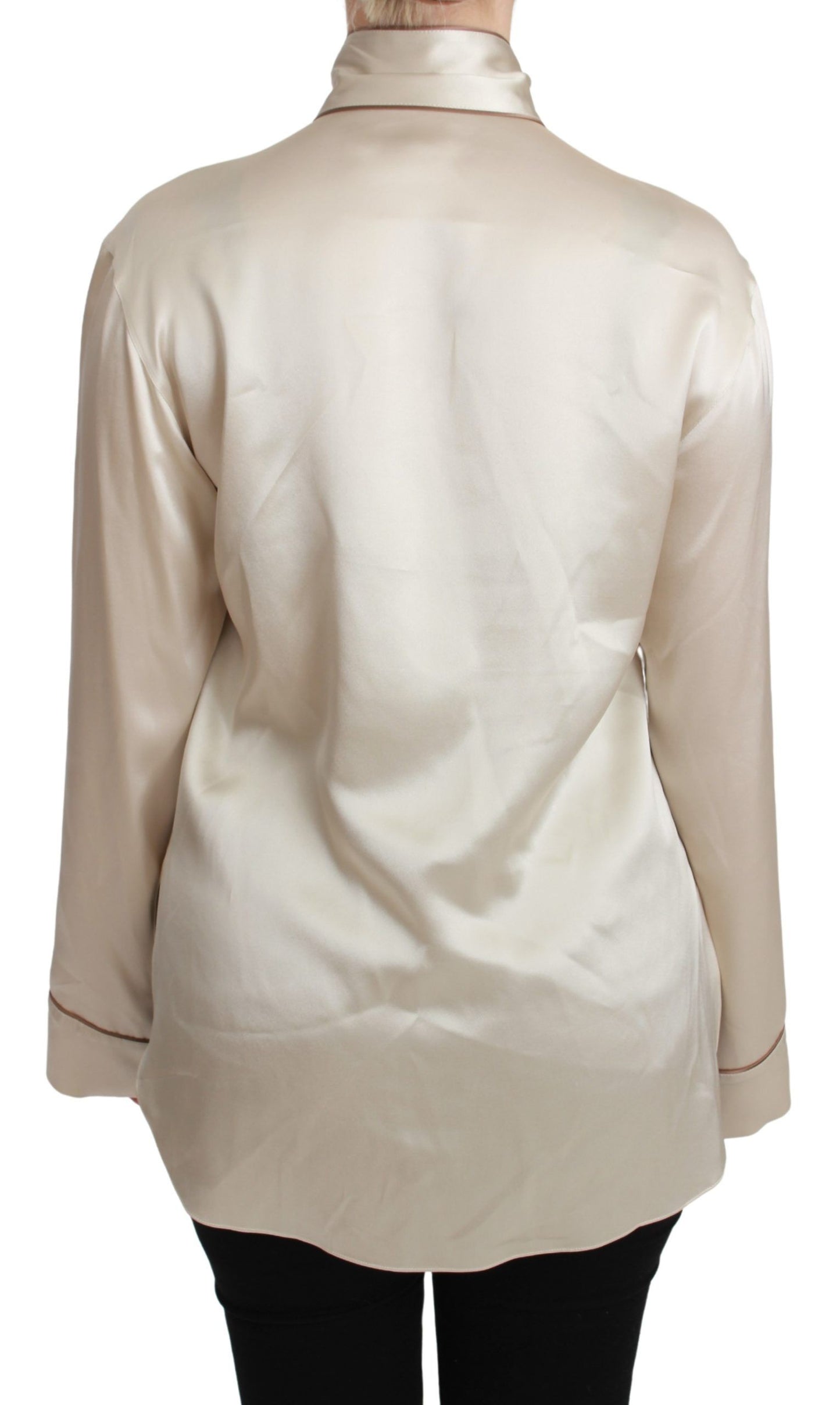 Dolce & Gabbana Elegante blusa de satén de seda beige con bordado QUEEN