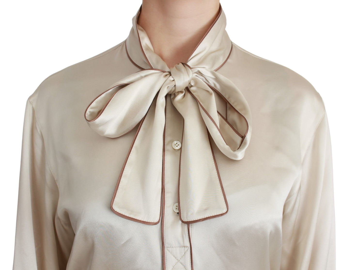 Dolce & Gabbana Elegante blusa de satén de seda beige con bordado QUEEN