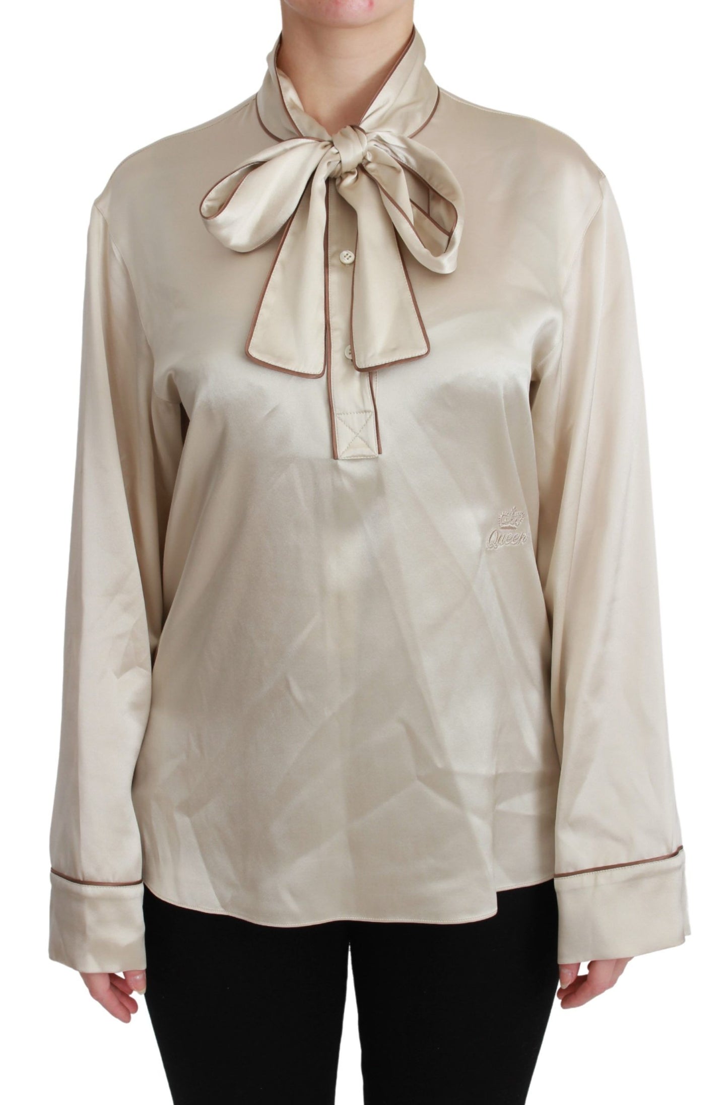 Dolce & Gabbana Elegante blusa de satén de seda beige con bordado QUEEN