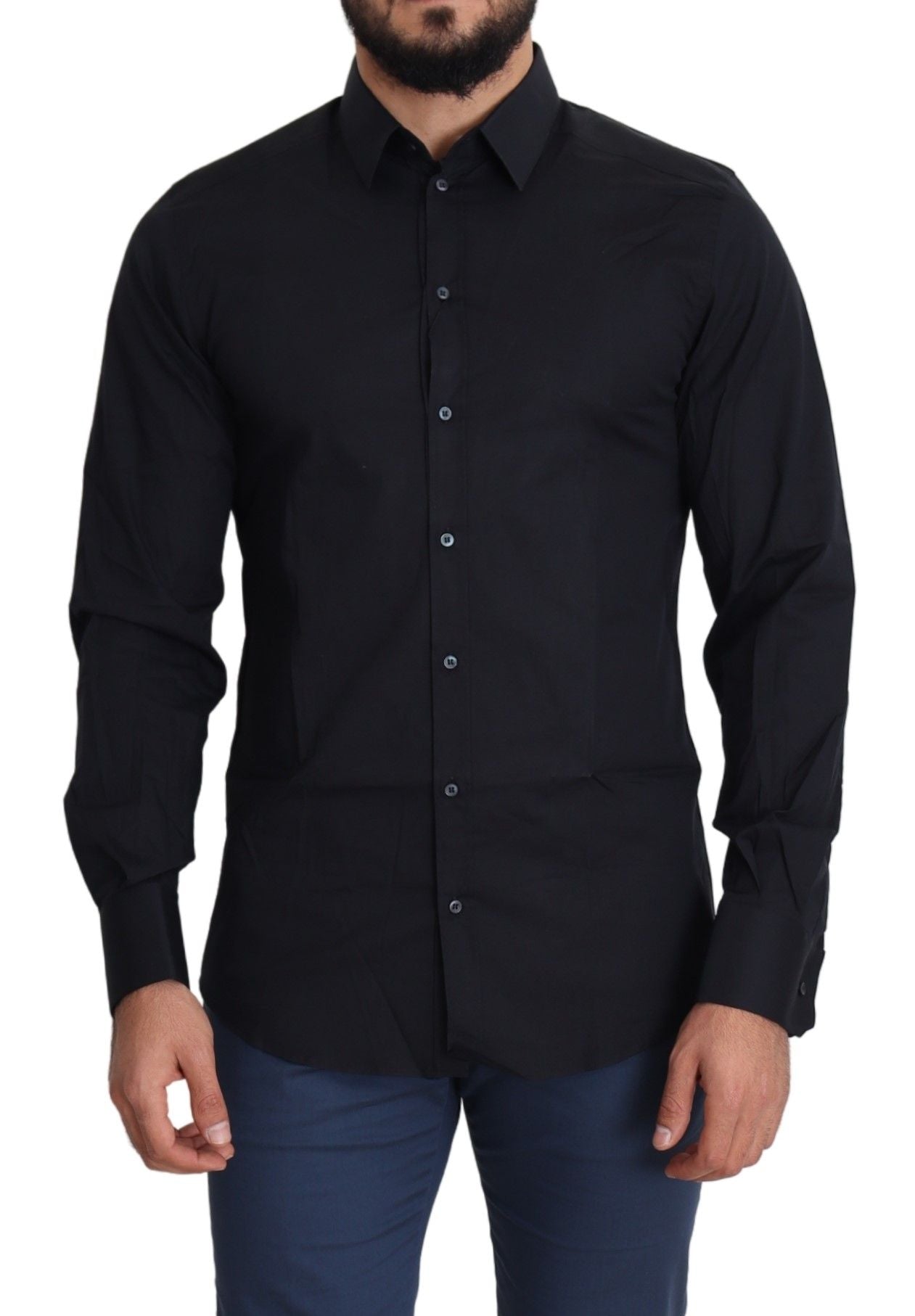 Dolce & Gabbana Camisa de vestir elástica de algodón de corte slim en negro elegante