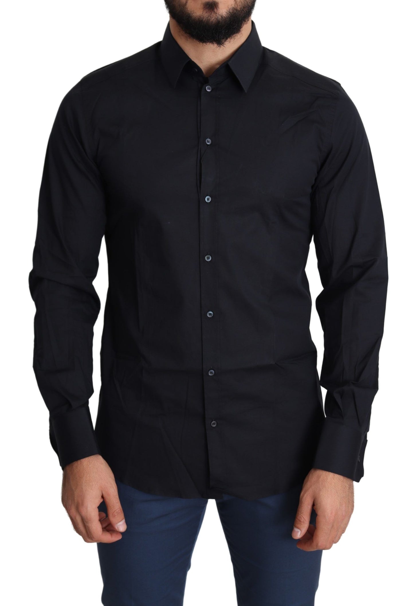 Dolce & Gabbana Camisa de vestir elástica de algodón de corte slim en negro elegante