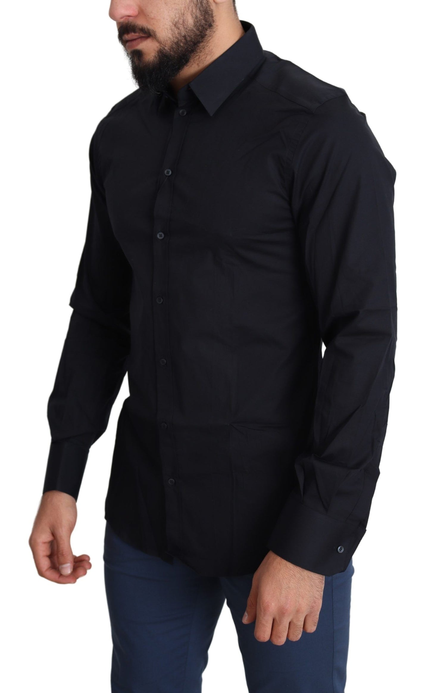 Dolce & Gabbana Camisa de vestir elástica de algodón de corte slim en negro elegante