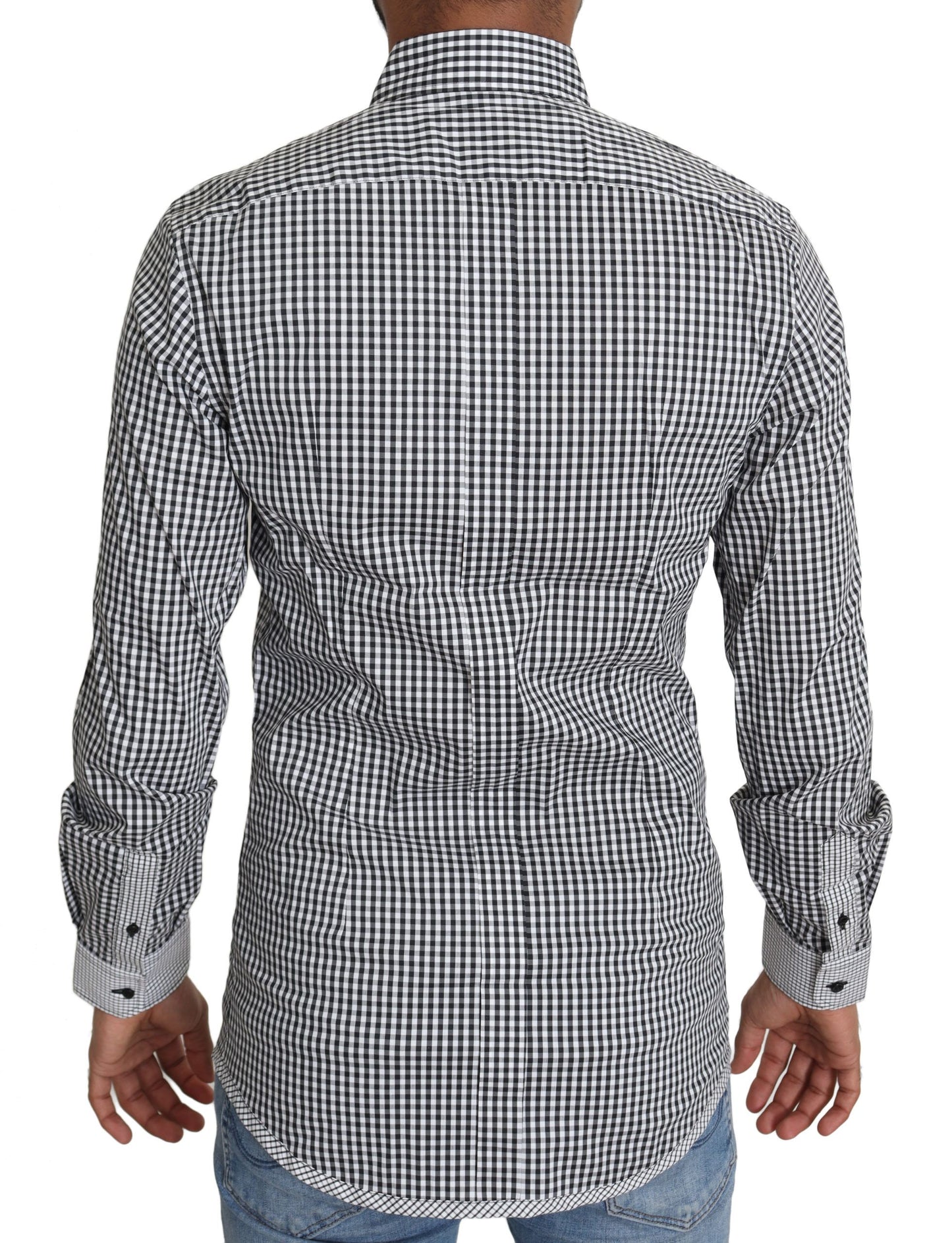 Dolce & Gabbana Elegante camisa casual dorada a cuadros en blanco y negro