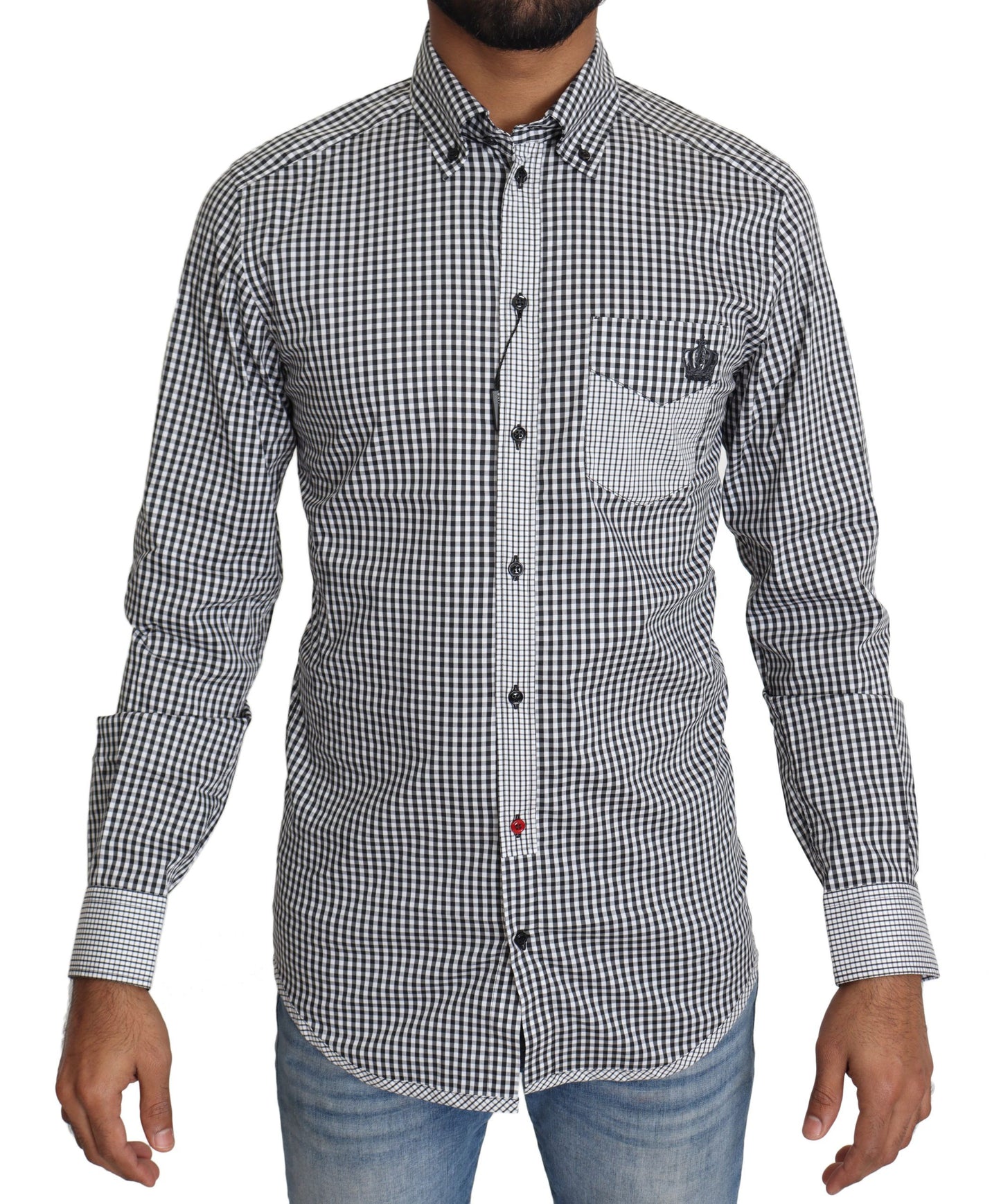 Dolce & Gabbana Elegante camisa casual dorada a cuadros en blanco y negro