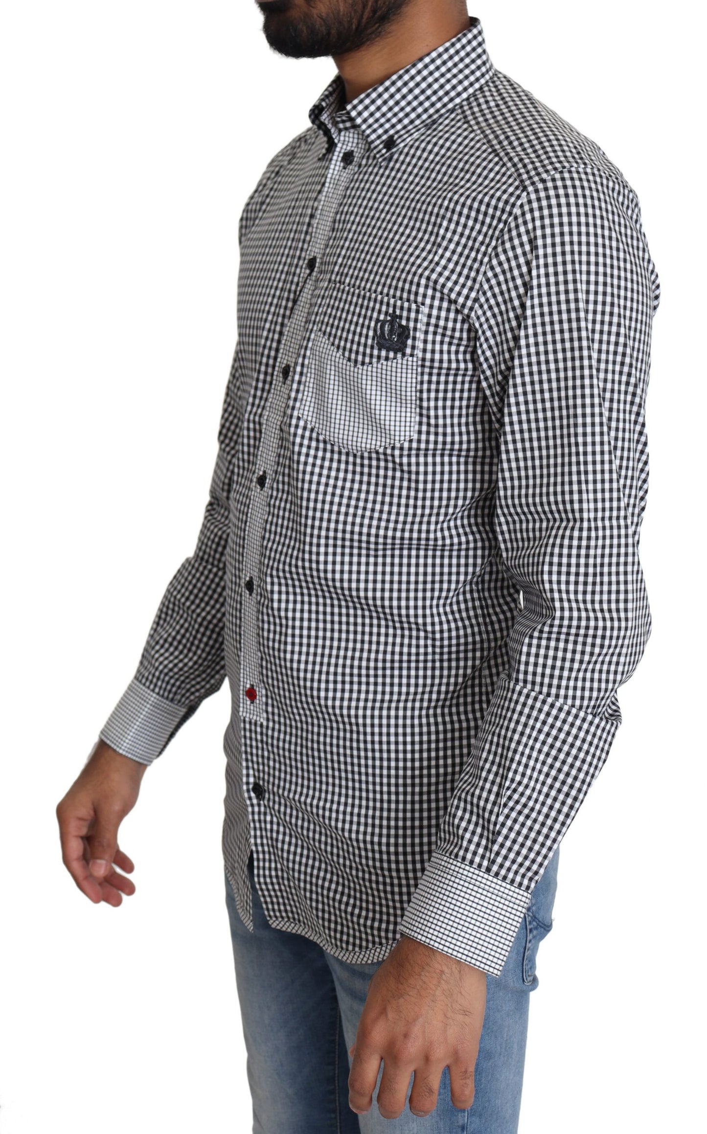 Dolce & Gabbana Elegante camisa casual dorada a cuadros en blanco y negro