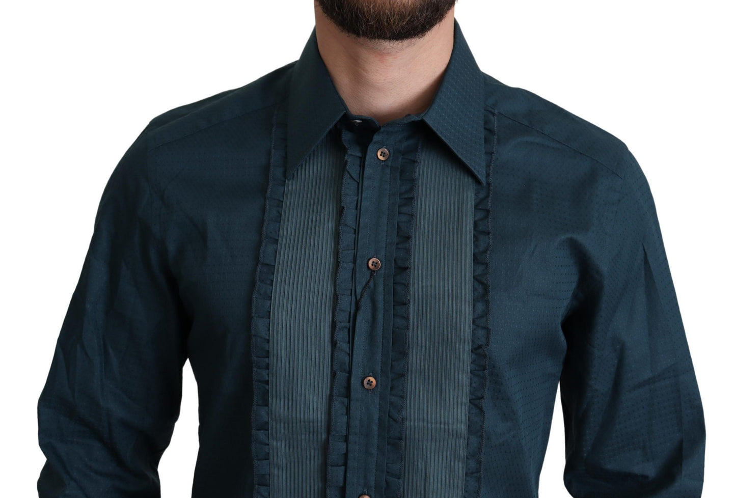 Dolce & Gabbana Elegante camisa de esmoquin con volantes azules