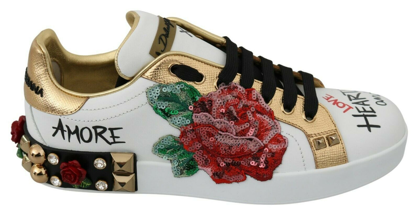 Dolce & Gabbana Elegantes zapatillas deportivas de cuero con flores y lentejuelas
