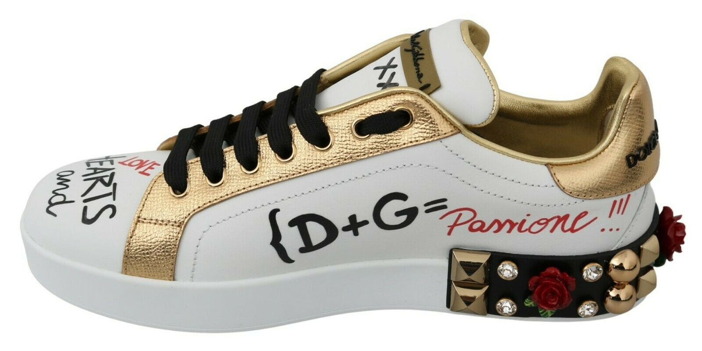 Dolce & Gabbana Elegantes zapatillas deportivas de cuero con flores y lentejuelas