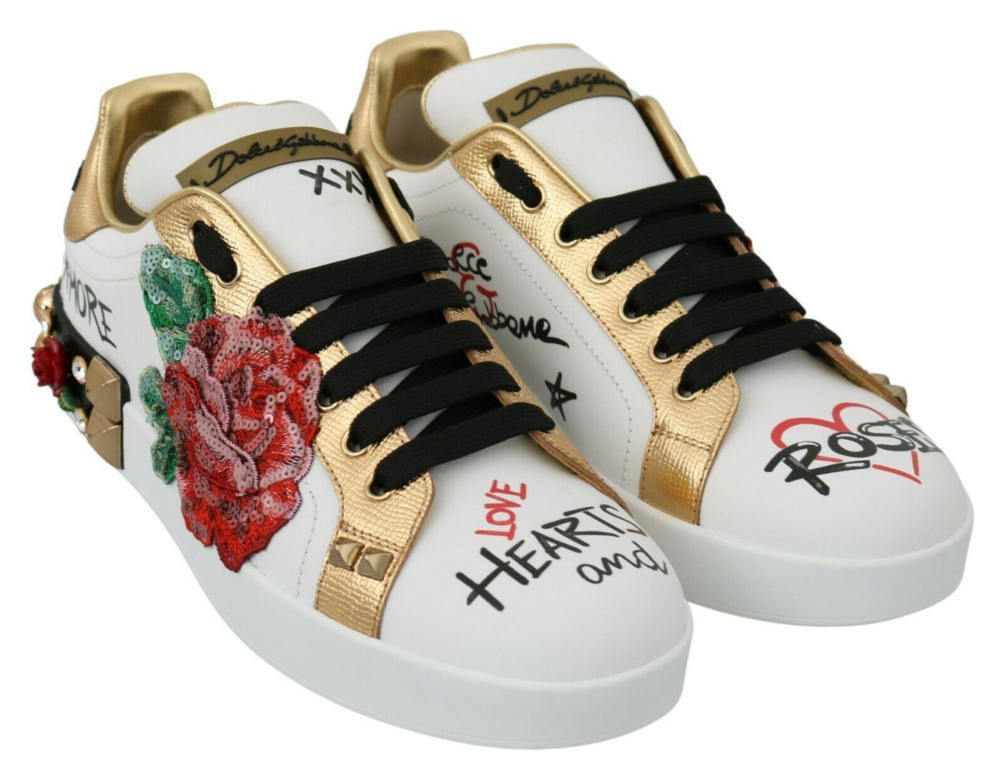 Dolce & Gabbana Elegantes zapatillas deportivas de cuero con flores y lentejuelas