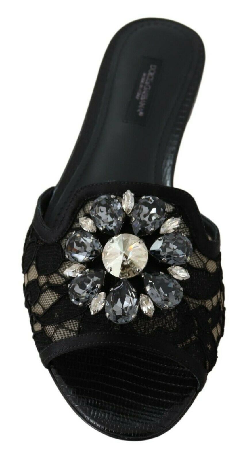Dolce & Gabbana Elegantes mulas de encaje negro con detalle de flor joya